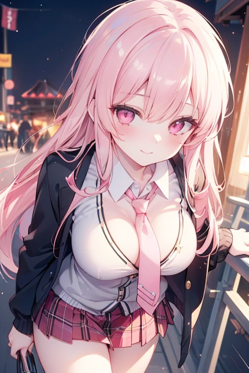 masterpiece, best quality, 1girl, long hair, breasts, looking at viewer, smile, shirt, large breasts, closed mouth, jacket, blue eyes, white shirt, upper body, pink hair, ponytail, sidelocks, outdoors, collared shirt, solo focus, blurry, from side, black jacket, blurry background, night, sunglasses, eyewear on head, round eyewear, rain, crosswalk,