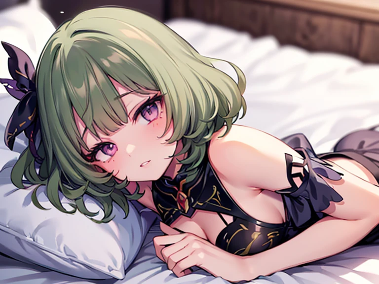 Fubuki, master piece, best image quality, facing the camera, evil smile, green skirt, Sexy tall, looking straight at the camera, short hair, Perfect bodies, seaside, green hair, off-the-shoulder clothes, big breasts, Fubuki and shes laying in bed fully naked huge boobs and pink vagina and shes blushing and spreading her legs