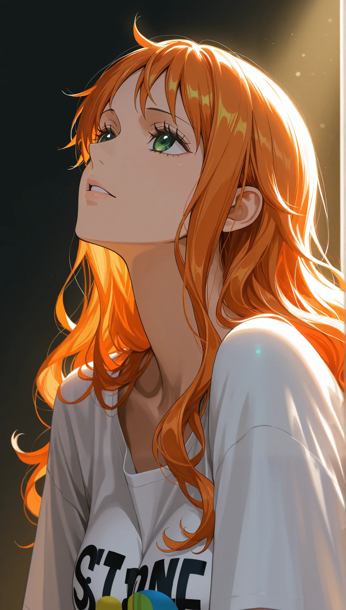 masterpiece, high score, great score, absurdres, close-up, beautiful woman, Nami, one piece, orange hair, long hair, slight wavy hair, beautiful green eyes, oversized t-shirt, simple background, vivid colors, volumetric lighting, soft lighting, facing up, side view
