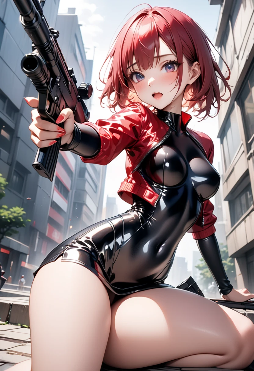 {nsfw}+++++++++++++, big breast, erect niples, pelvic_curtain, revealing clothes, cleavage, cameltoe, delinquent, (sukeban), mature_female, blush, mature, older woman, 25 years old, Sukeban teacher outfit, (1girl, solo female, solo, solo focus)++++,choker, sukeban school teacher, long_sleeves, open jacket, blue jacket, pants, jean, light skin tone female, full body, jacket, biker jacket, tape, arm_support, gloves, red_gloves, bridal gauntlets, nail polish, boots, hioots, black_footwear, fighter outfitfull body, hourglass, mature face, cheeky smile, cheeky face, wrinkles, (red hair, short hair, bob cut, earrings, ear piercings), red eyes, realistic, (fighting art, Martial arts, standing, fighting_stance, fight, fighting), extra colors, 2D, megapixel, perfectionism, accent lighting, full HD , (Masterpiece:1.2), (full-body-shot:1),(cowboy shot:1.2), (Highly detailed:1.2),(Detailed Face:1.2), Colorful, A detailed eye, (Detailed landscape:1.2), (natural lighting:1.2), ((sukeban school teacher)) by Vincent Di Fate: Aidyllery, Anamorphic Shot, , rule of thirds, face by Artgerm and WLOP,
