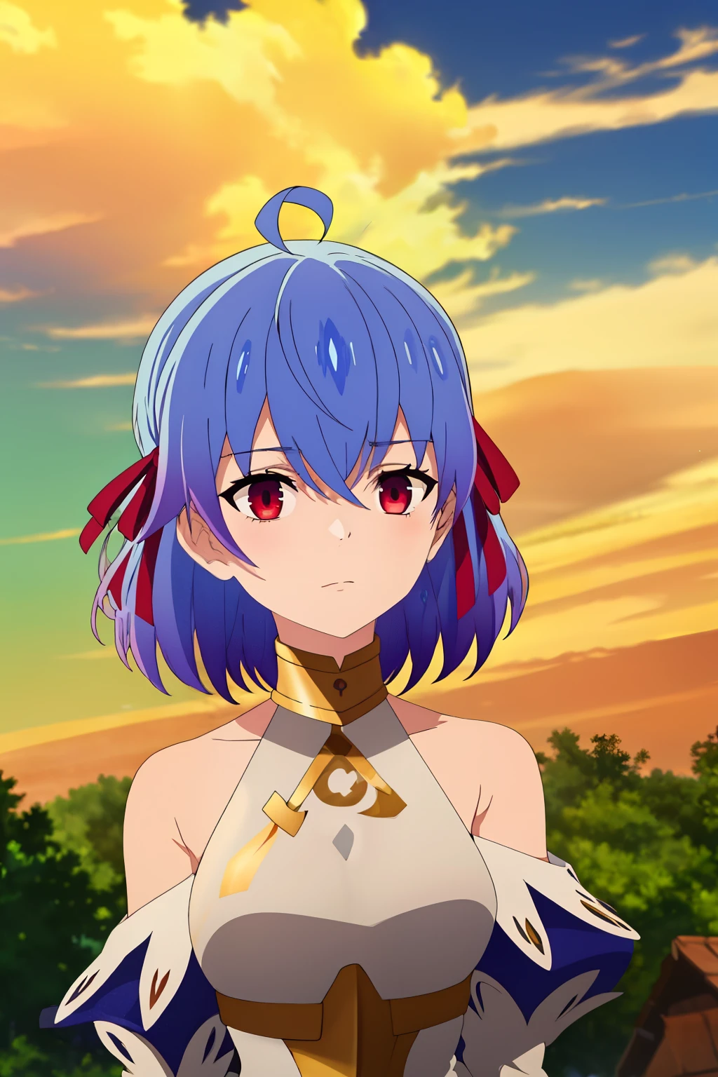 (exceptional, Best aesthetic , new, newest, Best quality, Masterpiece , extremely detailed),Ruthie , 1girl, One, blue hair , tape, ahoge, red eyes, short hair, hair tape, bare shoulders, colorful hair , sky, like (fate), , gradient hair , outdoor, looks towards , Breasts, day, flower, blue sky, impassive , red tape, волосы между nude, without clothes, nude