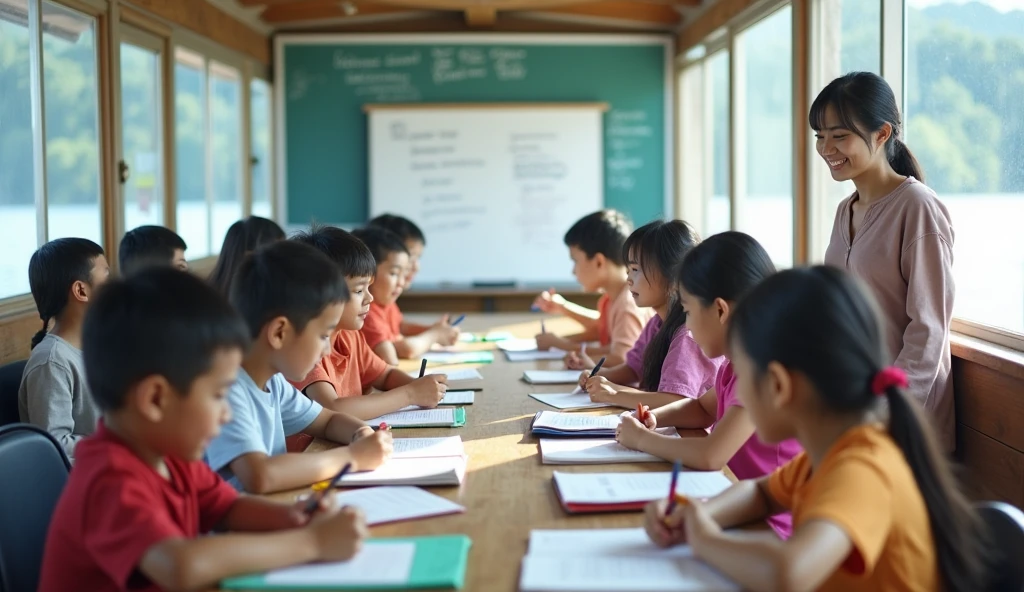 School classroom with fun children all participating and the cheerful and active teacher, teamwork, with lots of teaching material