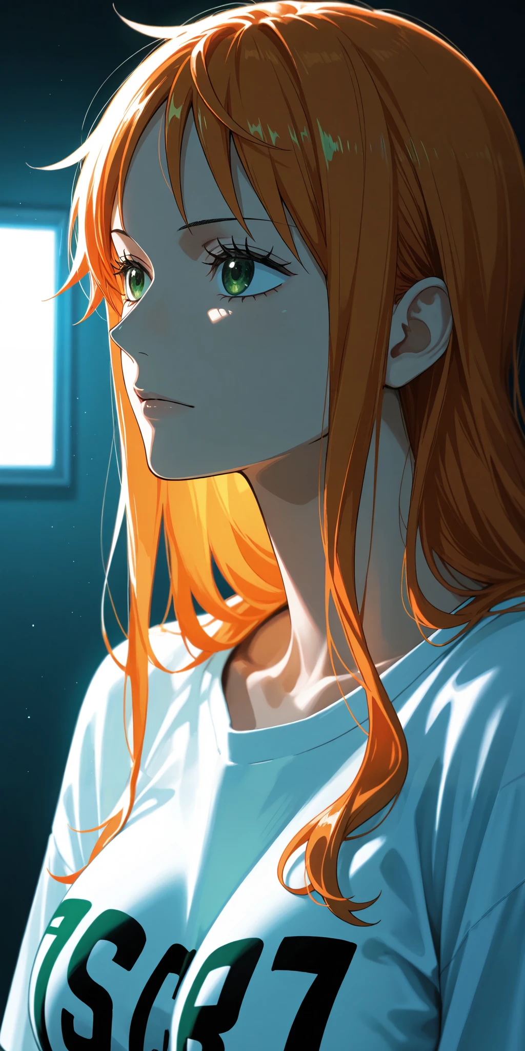 masterpiece, high score, great score, absurdres, close-up portrait, beautiful woman, Nami, one piece, orange hair, long hair, beautiful green eyes, oversized t-shirt, simple background, vivid colors, volumetric lighting, soft lighting, facing up, side view 
