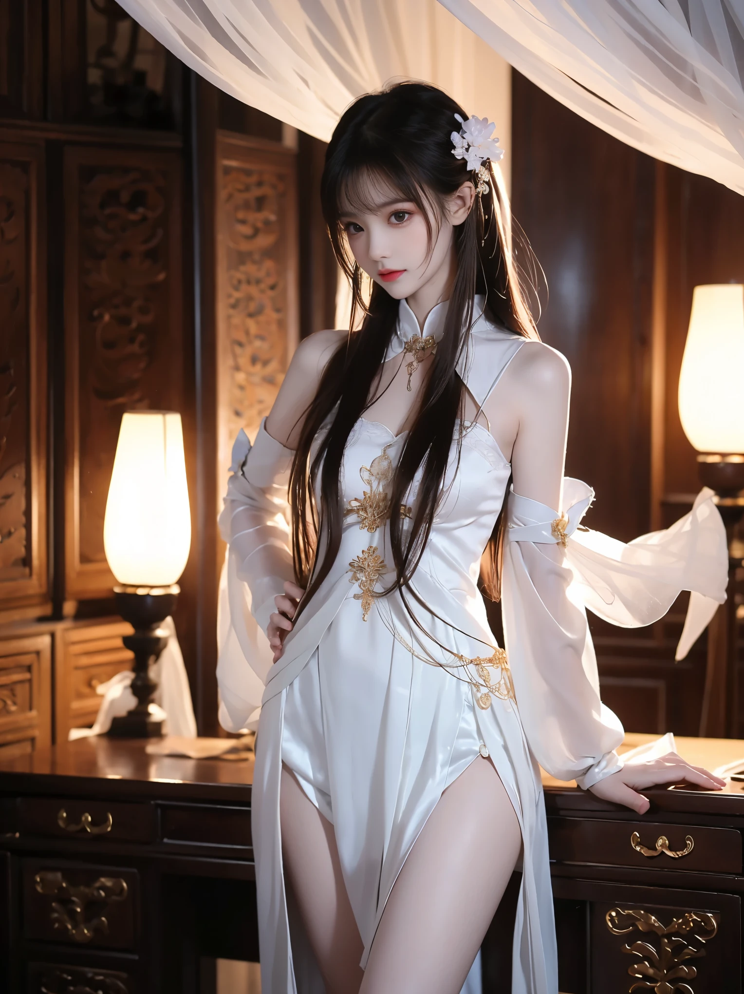 A beautiful woman with perfect curves wearing a long white dress that gently flutters in the air,The beautiful woman was lie down in a sea of beautiful flowers surrounding her, Chinese traditional, her flexible body increasing with every movement, So enchanting, the dim candlelight, the glowing butterflies fighting the darkness of the night, the light of the moon, The night wind blowing the curtains, the white flower petals , flower petals flying around the room, Chinese dancing, This woman is so beautiful that she attracts everyone who watches her, ancient China, imperial empress