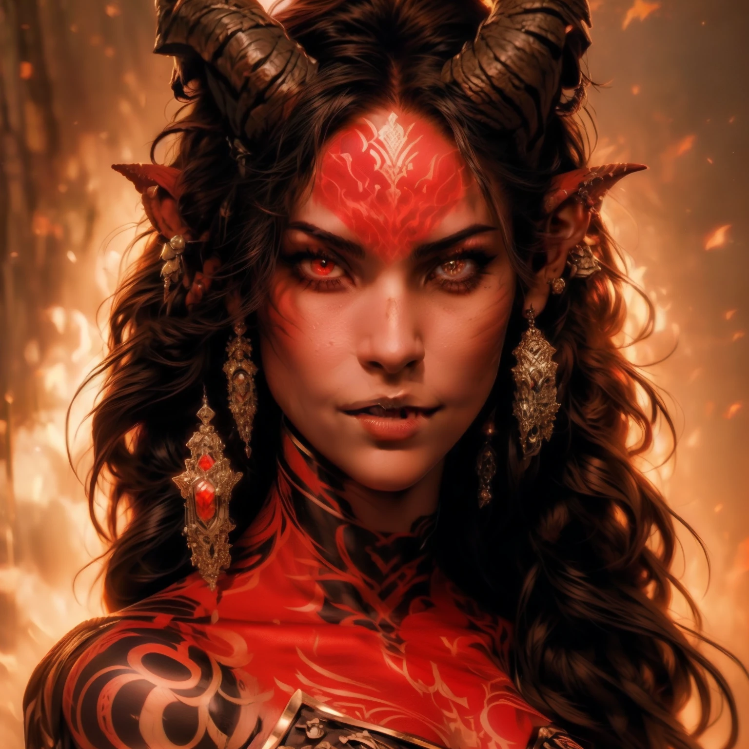 score_9, score_8_up, score_7_up,
KRKNK, 1girl, portrait, beautiful, tiefling shaman, black hair, (long hair:1.3), side bangs, horns, barbarian, gladiator, war paint, tribal markings, long tail, blue skin, red lips, red eyes, glowing eyes, (smug:0.85), dramatic lights, detailed