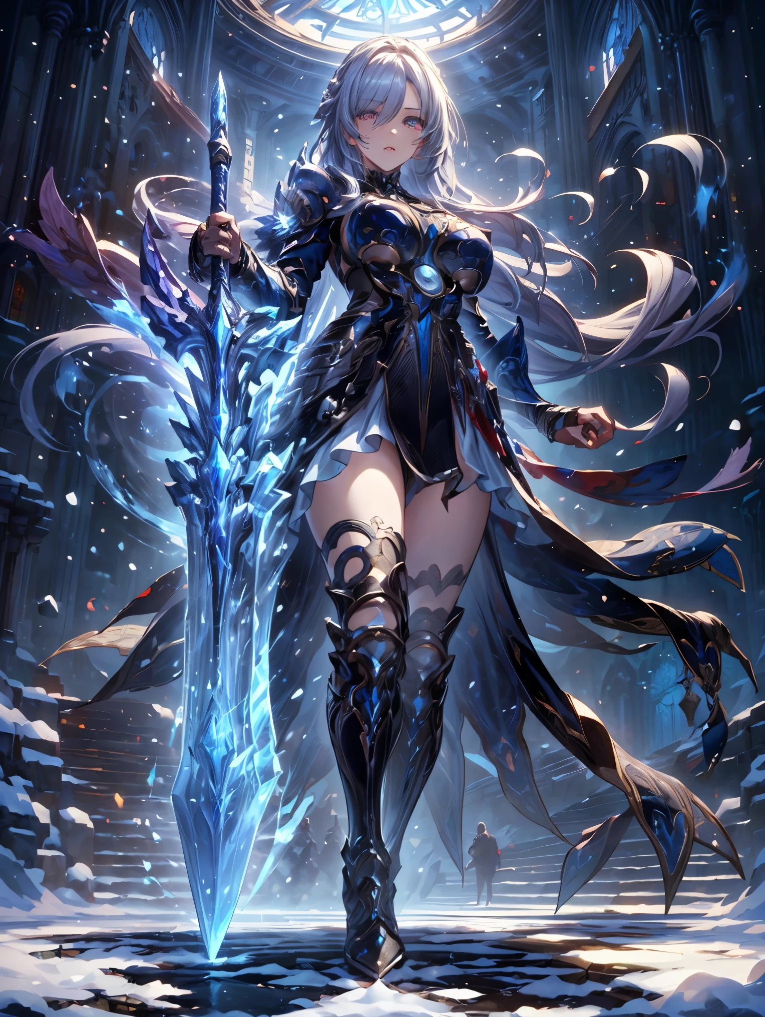 (((masterpiece, best quality, high detailed, 16k))) Female sword knight holding a huge perfect sword in her hand, female paladin, big breasts, magic circle, snow and clock tower background, masterpiece, best quality, magnificent, epic, majestic, cover art. (detailed face), (detailed eyes), ((full body front view)), (extremely detailed:1.5)