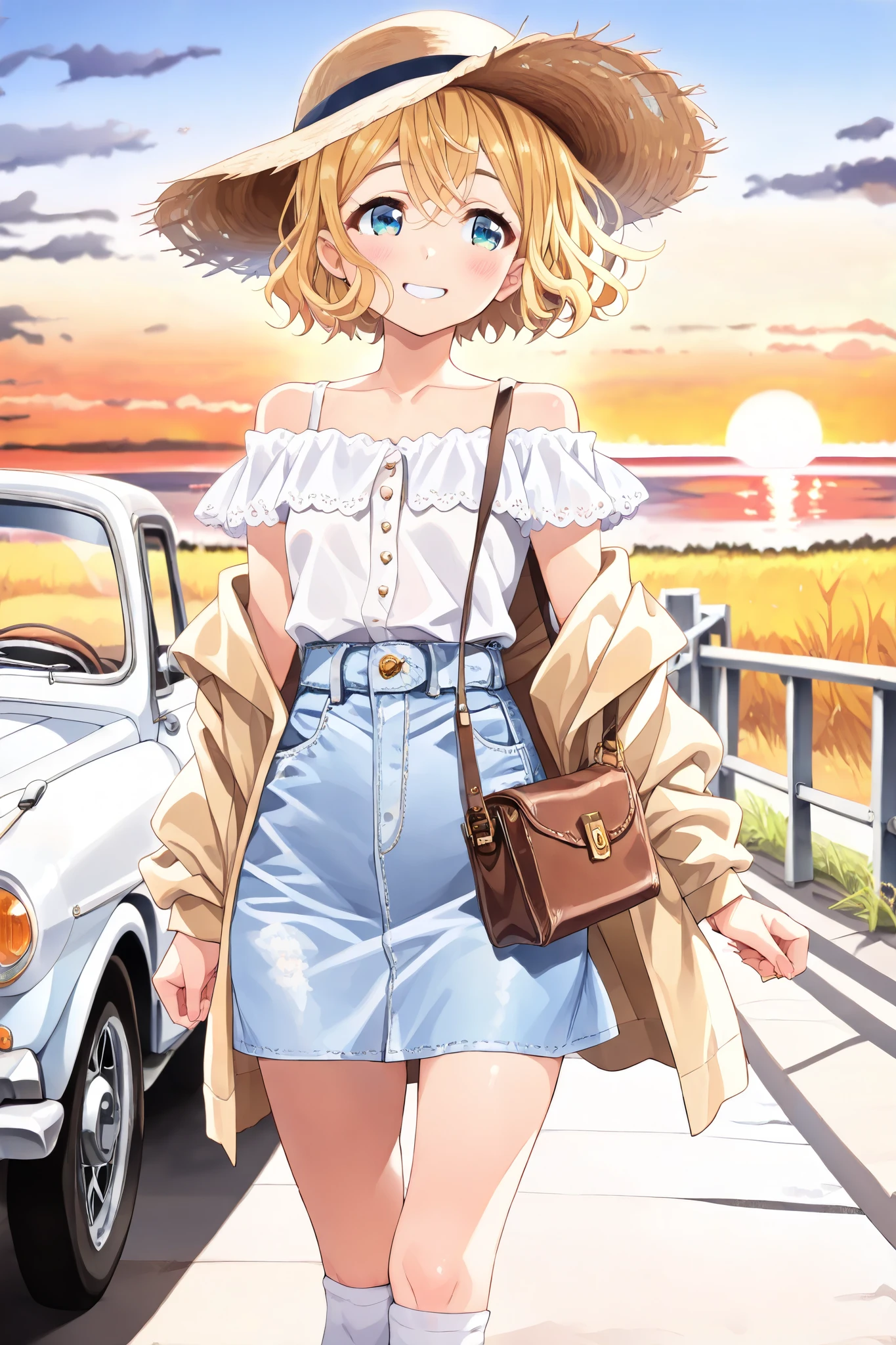 Road Trip at Sunset, (nanami mami), by miyajima reiji, 1girl, solo, short hair, blonde hair, wavy hair, hair flowing in the wind, light brown suede jacket, white off-shoulder blouse with lace details, flowy denim skirt, white thigh-high socks, wide-brimmed straw hat, leather crossbody bag, standing, classic car, horizon, (sunset), adventurous smile, warm, open road, golden fields, silhouetted mountains, (masterpiece, best quality, 8K, 4K, high resolution:1.3), extremely fine,