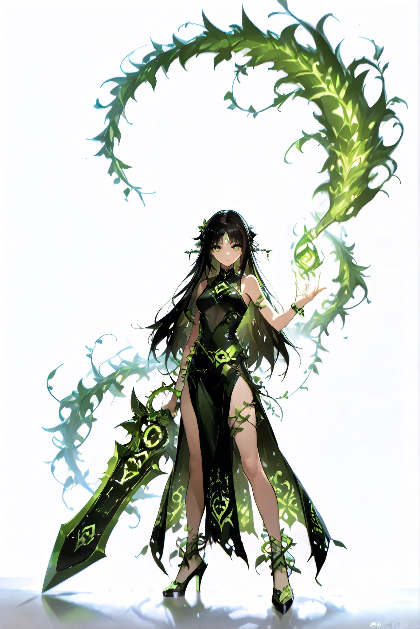 龍殺手之sword-II.v1.0, Holding - Dragon Slayer, Giant Weapon, sword, holding sword,  holding a weapon ,, weapon, 大sword,魔sword， holding a weapon, （  white background , stands，whole body， Vine Spell Heels，  Front view ， Standing picture :1.7)，Hole High Heels ，Oval/circling/prick/ Horn Heels ，Colorful, Bright Color ,Flashing Silhouette ,neon,Black Light ,[watch,  Masterpiece,  is very beautiful ,Leng Feiyan, Vine Spell Leng dress, black hair, long hair, forehead mark, hair ornament， Twisted Crayfish Spell that casts a green glow from your hands,
