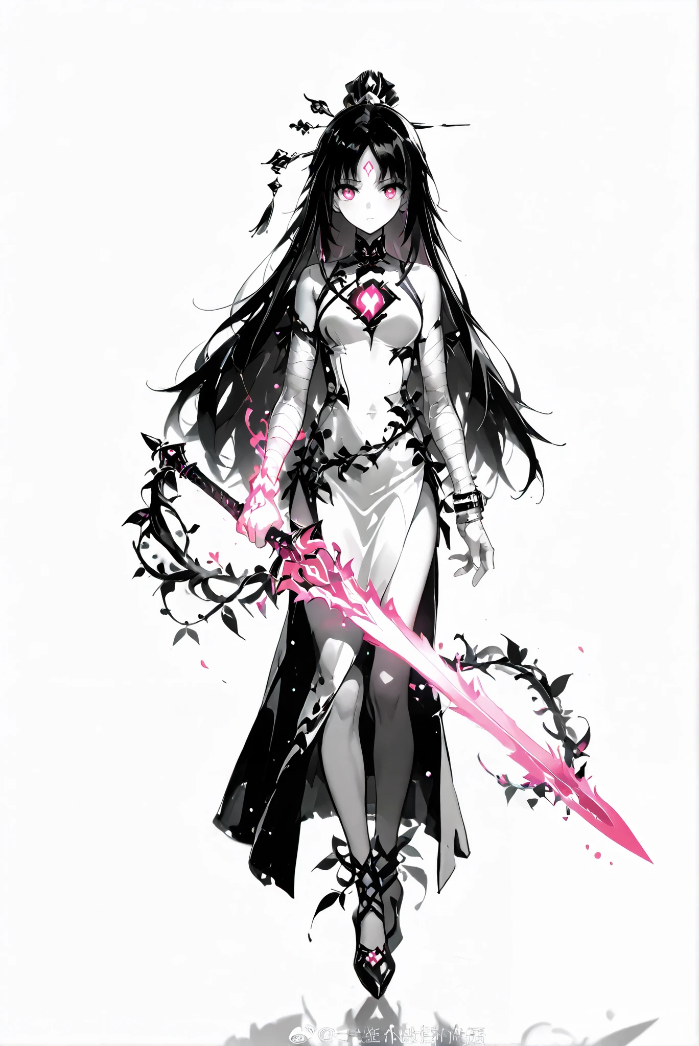 龍殺手之sword-II.v1.0, Holding - Dragon Slayer, Giant Weapon, sword, holding sword, holding a weapon ,, weapon, 大sword,魔sword, holding a weapon, ( white background , stands,whole body, Vine Spell Heels, Front view , Standing picture :1.7),Hole High Heels ,Oval/circling/prick/ Horn Heels ,, Limited Color Palette , Colorful, Bright Color ,Flashing Silhouette ,neon,Black Light ,[watch, Masterpiece, is very beautiful ,Leng Feiyan, 藤蔓咒語Leng dress, black hair, long hair, forehead mark, hair ornament, cast a huge blue glowing round spell, , holding 向上 her hand to cast a pink spell bind where there is a glowing heart symbol on it., Twisted Crayfish Spell that casts a green glow from your hands,