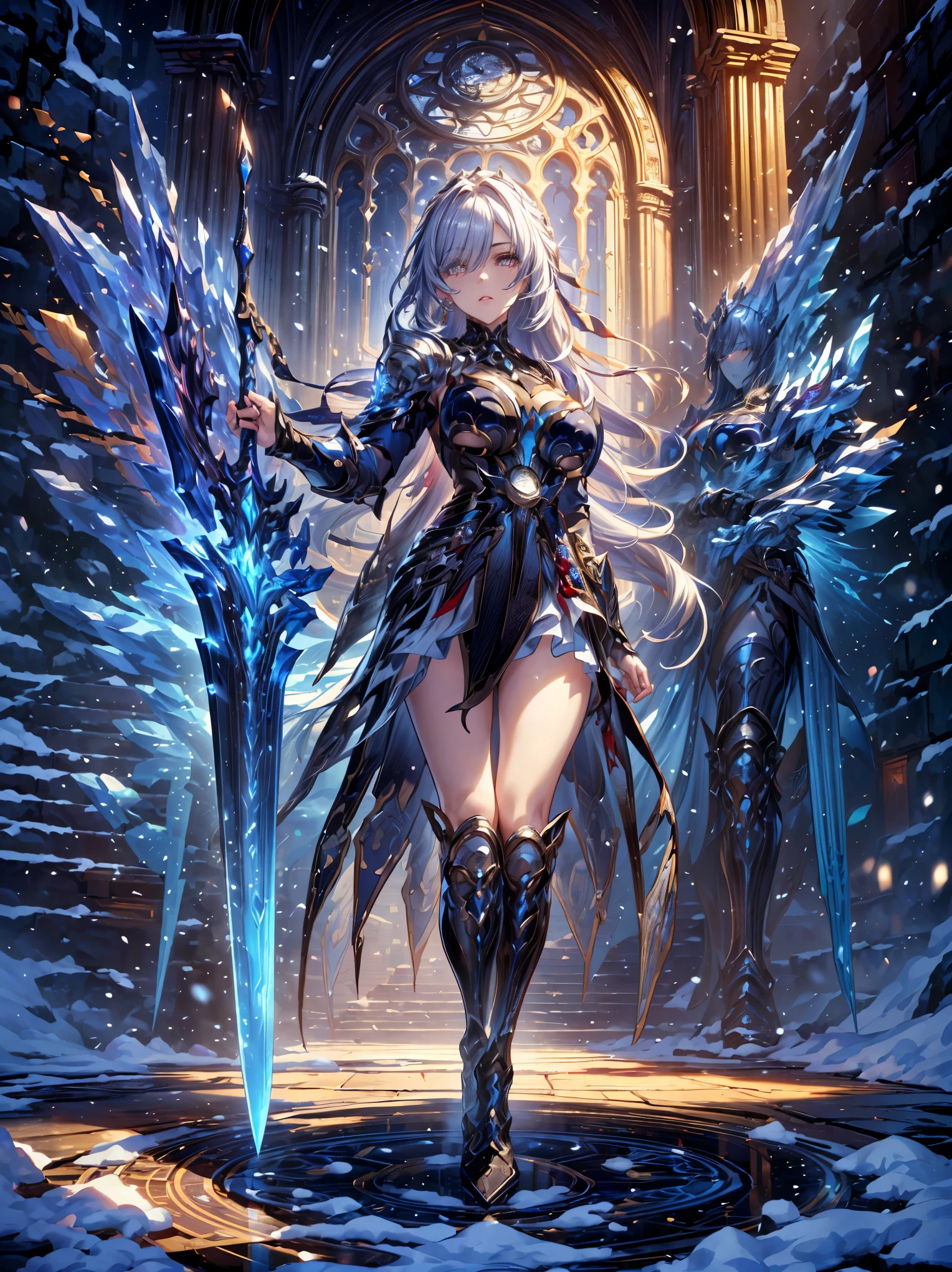 (((masterpiece, best quality, high detailed, 16k))) Female sword knight holding a huge perfect sword in her hand, female paladin, big breasts, magic circle, snow and clock tower background, masterpiece, best quality, magnificent, epic, majestic, cover art. (detailed face), (detailed eyes), ((full body front view)), (extremely detailed:1.5)
