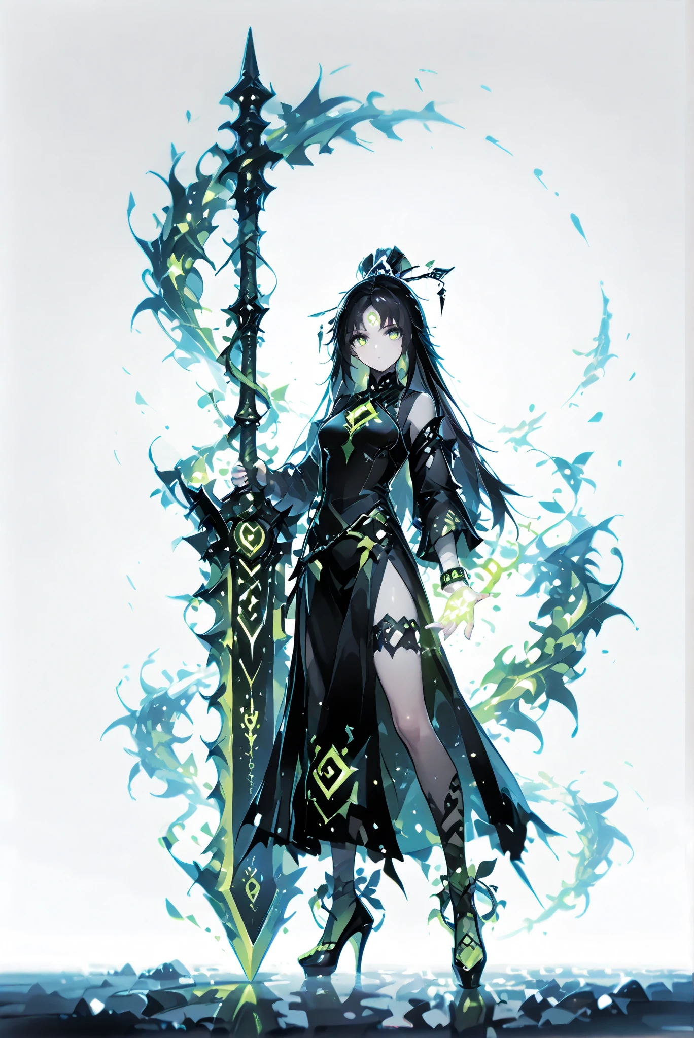 龍殺手之sword-II.v1.0, Holding - Dragon Slayer, Giant Weapon, sword, holding sword, holding a weapon ,, weapon, 大sword,魔sword, holding a weapon, ( white background , stands,whole body, Vine Spell Heels, Front view , Standing picture :1.7),Hole High Heels ,Oval/circling/prick/ Horn Heels ,, Limited Color Palette , Colorful, Bright Color ,Flashing Silhouette ,neon,Black Light ,[watch, Masterpiece, is very beautiful ,Leng Feiyan, 藤蔓咒語Leng dress, black hair, long hair, forehead mark, hair ornament, cast a huge blue glowing round spell, , holding 向上 her hand to cast a pink spell bind where there is a glowing heart symbol on it., Twisted Crayfish Spell that casts a green glow from your hands,
