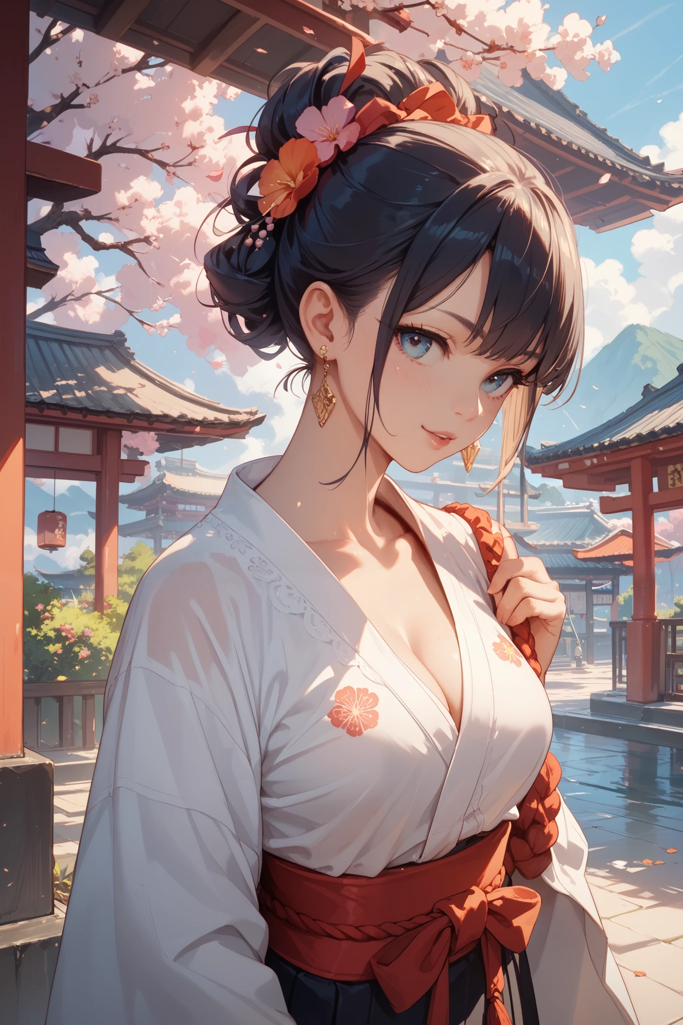 (花魁:1.4)、1girl in,Black hair fringe long hair、Braided hair、disheveled hair、Light brown eyes、(Extraordinary beauty)、(dignified expression)、(Traditional kimono with colorful and shiny luxury Japan:1.4)、(爆乳:1.4)、(Photorealsitic)、(intricate detailes:1.2)、(​masterpiece、:1.3)、(top-quality:1.4)、(超A high resolution:1.2)、超A high resolution、(A detailed eye)、(detailed facial features)、Wearing kimono_Clothes、Fantastic night、cherry trees、Big Moon、Five-storied Pagoda、Japan Temple