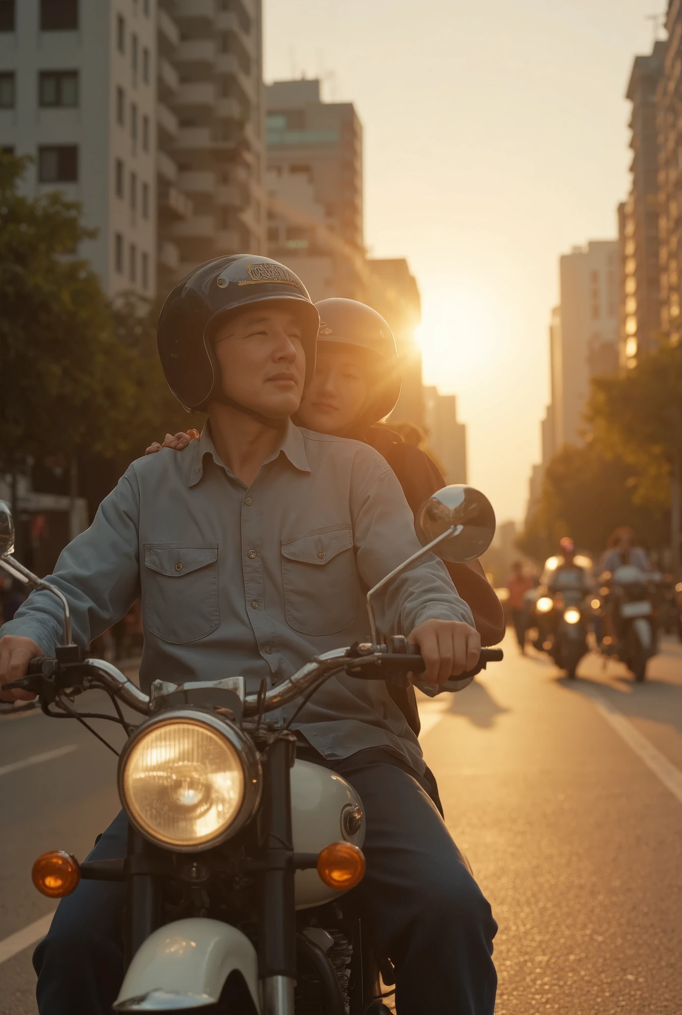 a delicate image, nostalgic color, on a city road, tall buildings, beautiful sunset shine through between the buildings, a mature old grandpa and his old wife, they are riding a classic motorbike, wearing classic helmets, lovable scene, medium close up, dynamic side shot, cinematic warm lighting, dramatic color grading, anatomically correct, xingmeng.