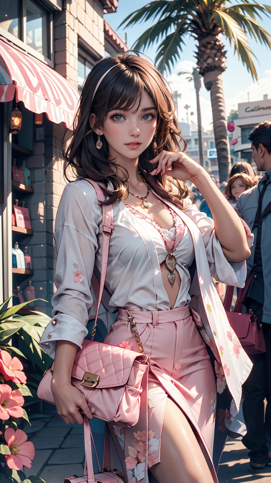 Beautiful woman, Lighted street at night, Fidgeting with smartphones, hot pants, Fragrant pink flowers, Passersby, Night view gradation, Fine details, Subtle Tones, Silence on the screen、24-year-old woman、Sexy proportions、Sexy、Narrow waist