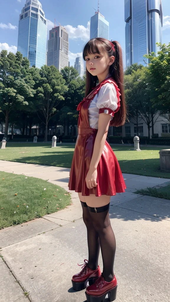 a 11 years old girls, ((she is having a red balloon)) , real photo, (((full body))), (looking down at me),  bob hair, big ribbon on he hair, (apron leather dress), boots,