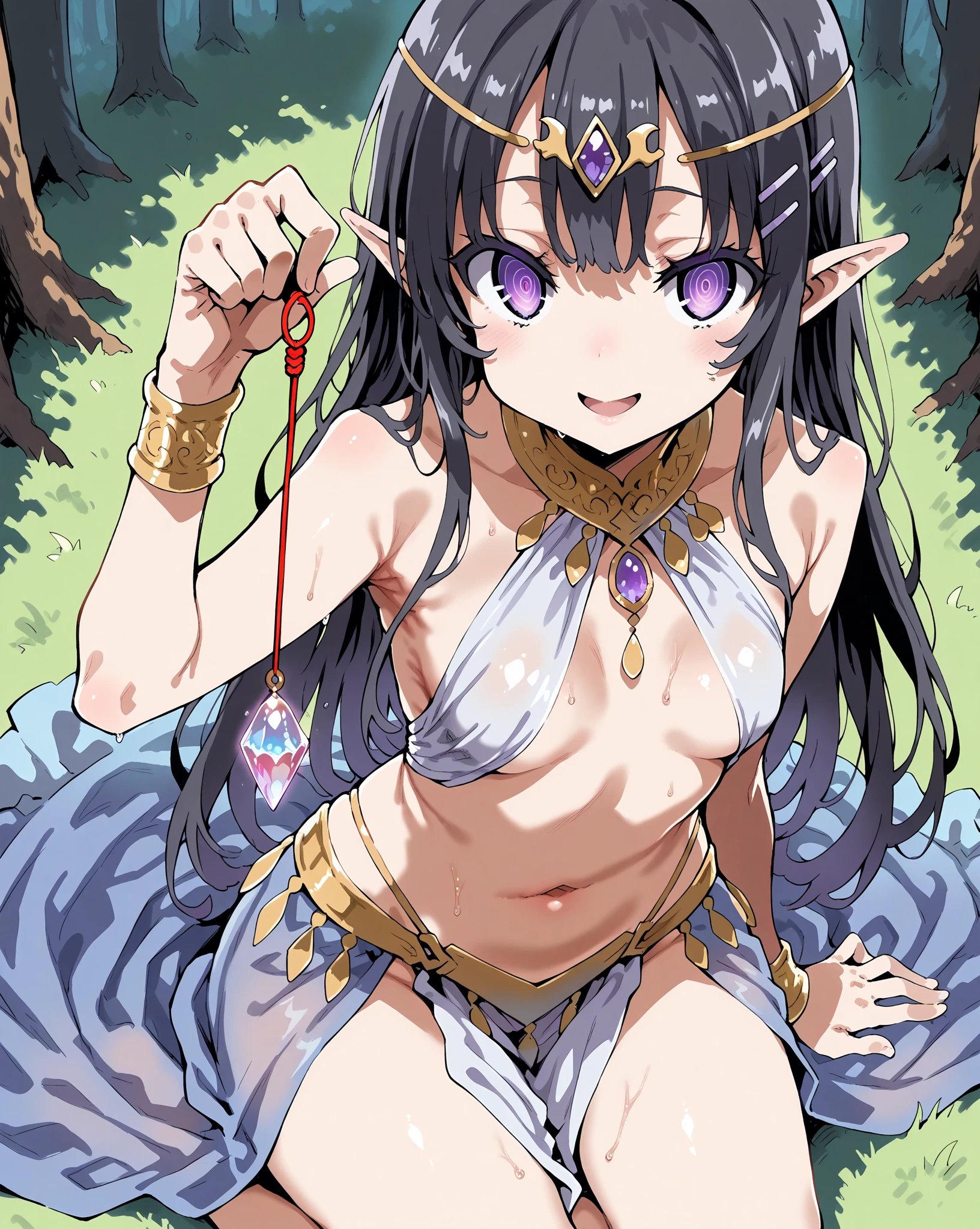 (Close-up、16K、highest quality、high detail、Rich skin details)、((nfsw))、()、((sex))、:o、Watch everywhere、obedience、very big breasts、Forehead、obesity、long hair、green eyes、blushed、((embarrassing))、wet、big ass、very large thighs、arms behind head、swollen nipples、red bikini、both armpits、purple hair、fantasy cave、lying on the floor、legs spread