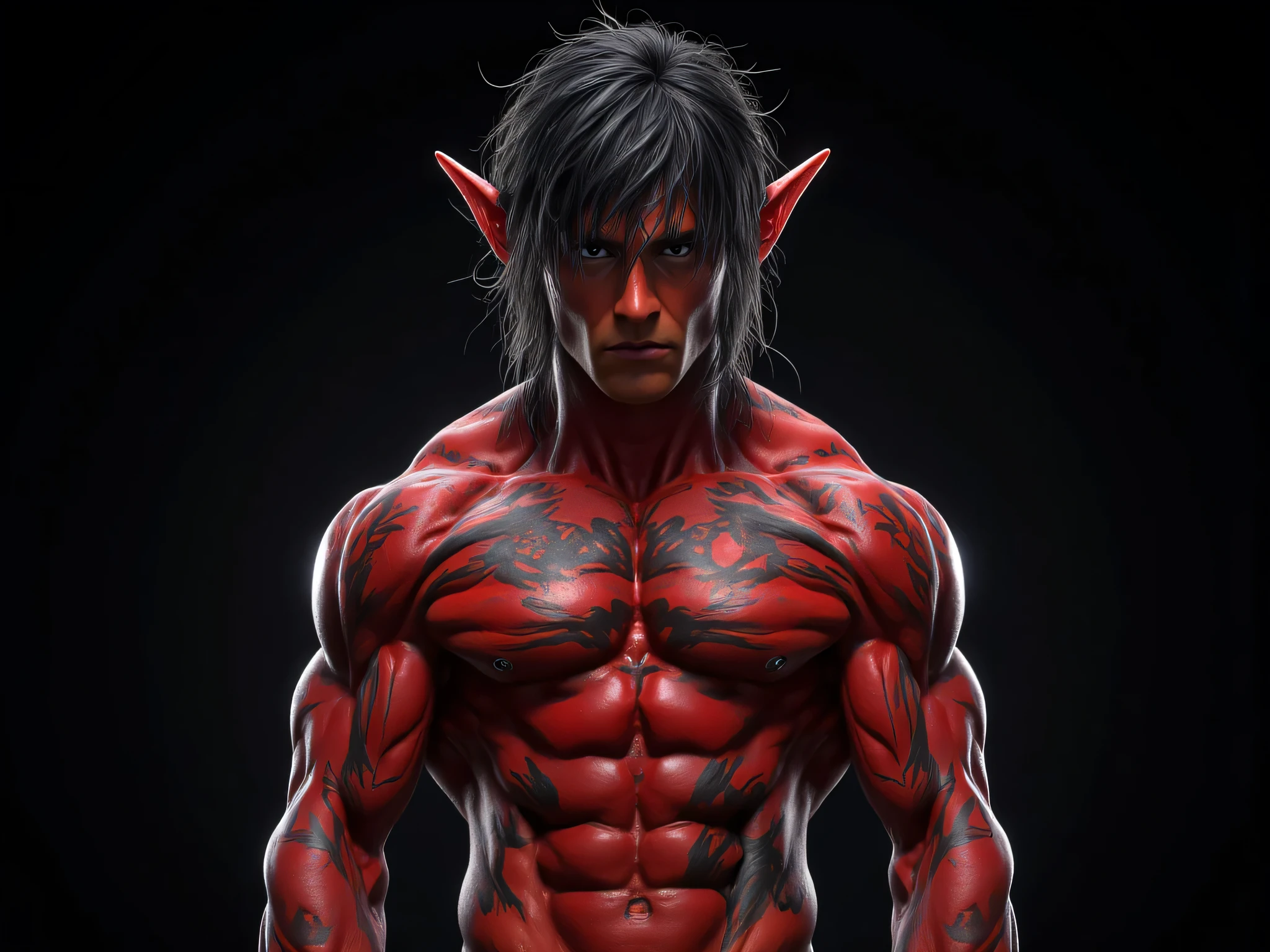 Elf Tribe, very handsome face , Pointed ears, Red skin, not wearing a shirt, Six-pack, handsome elf, Full body tattoo , gangster, Waist-length black hair, Hair Messy , Straight pointed hair, black background, movies, inches, Masterpiece, 8k resolution , front view.