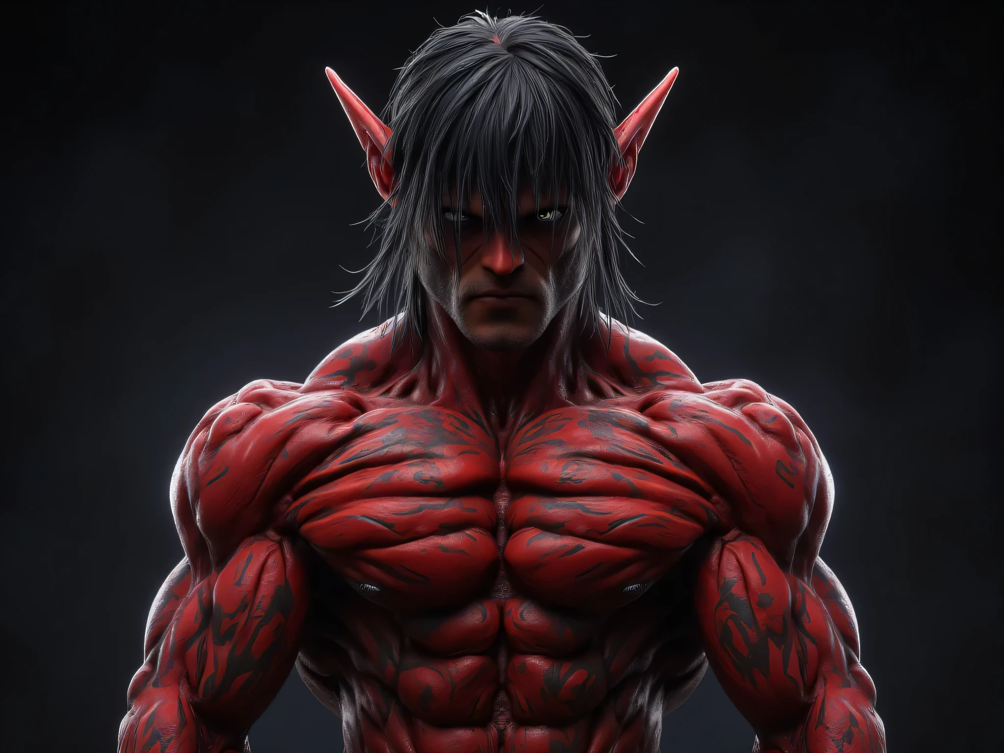 Elf clan , very handsome face , Pointed ears, Red skin, not wearing a shirt, Six-pack, handsome elf, Stand with arms crossed, Dark face, aggressive , The most handsome villain, Full body tattoo , gangster, waist-length black hair, Hair Messy , Straight pointed hair, back background, movies, inches, Masterpiece, 8k resolution , front view.