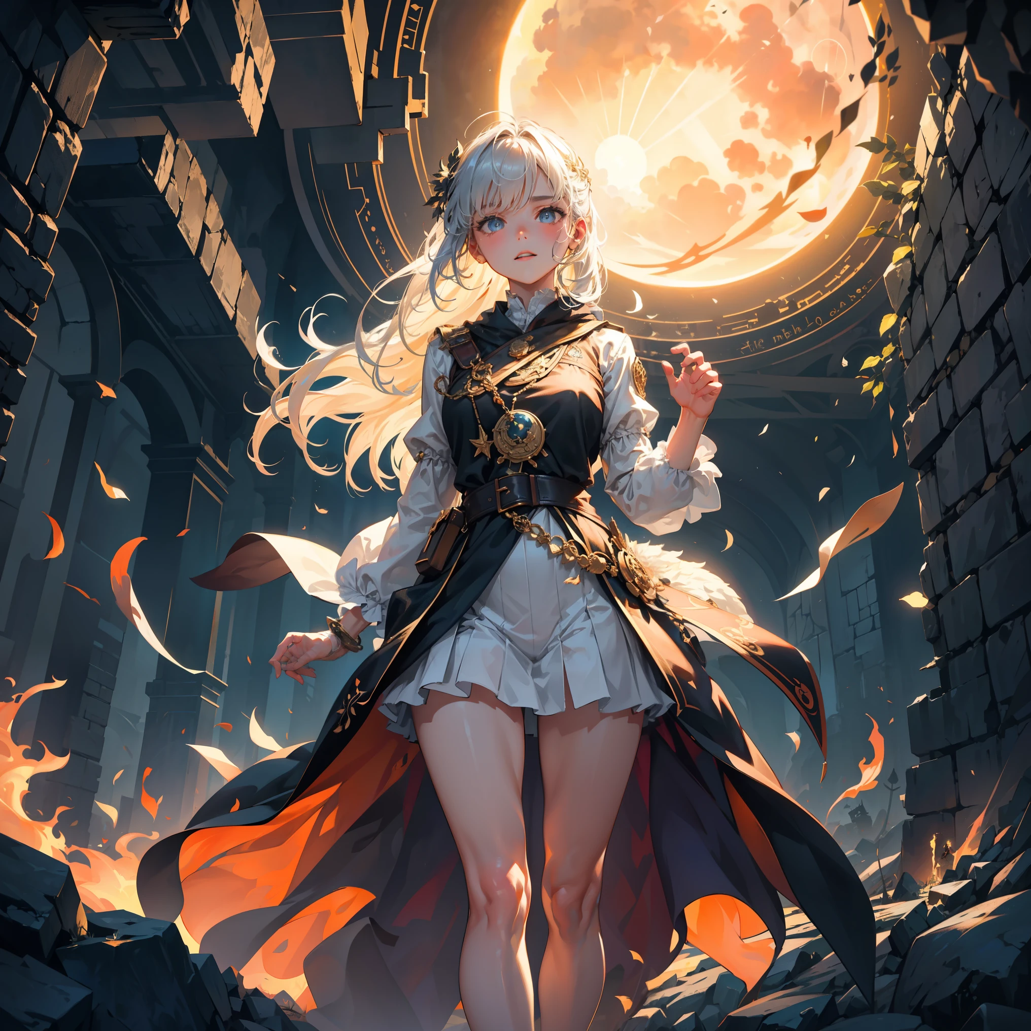 1 girl, small world, beautiful, (feet: 1.3), face, pale skin, White_hair, looking at the public, universe, quasar, light available, whole body, symbol-shaped pupils, happy light smile