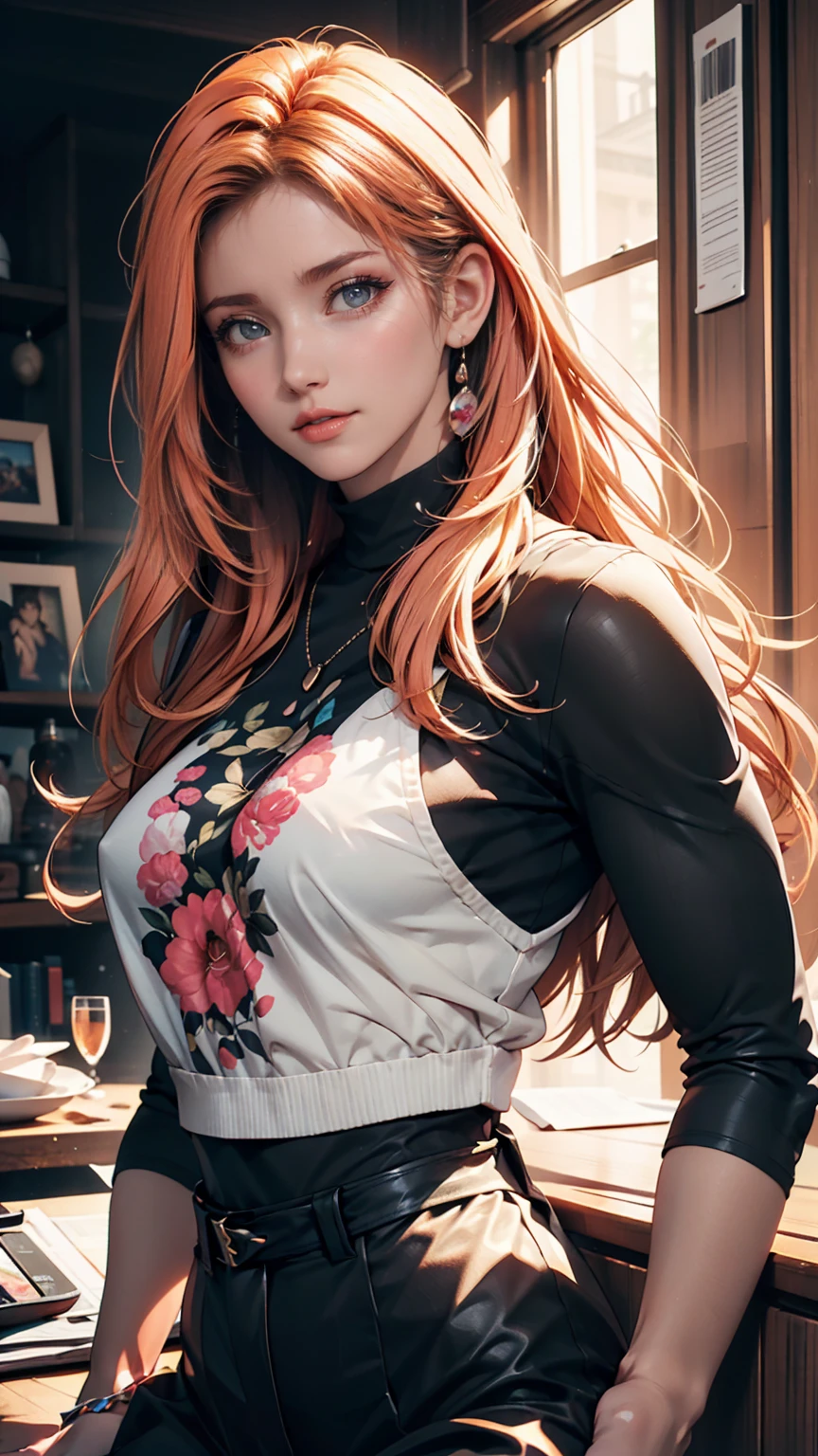 ((Portrait Photo)), She has an Innocent and Dreamy Redhead Appearance, with a Curvy Build, Fair Skin and Thick Breasts. She Expresses a Curious and Confused Look, Giving Off a Happy and Clueless Attitude. She has Wide, Green Eyes, and Her Hair is Short and Curly, Vibrant Red, Floating Slightly Around Her Head. She Wears a White Blouse with an Open Neckline, Emphasizing Her Thick Breasts. ((Portrait Photo, HDR, Dark Background))