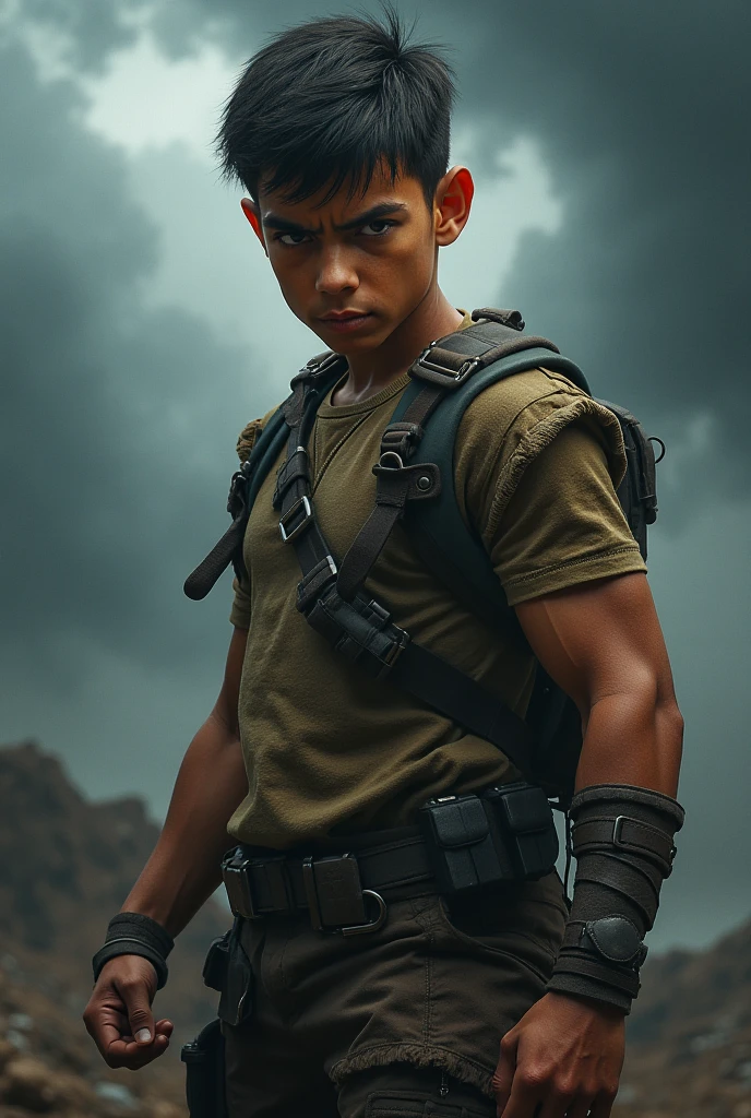 Create a character with the following characteristics:
A teenage boy, with tanned skin, brown hair, green eyes and a well-toned body, who is a monster hunter.