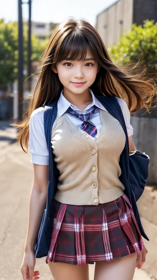 Hair in a ponytail、High school girl uniform white blouse、(8k、Raw、professional、highest quality、masterpiece:1.2)、(Real、Photorealistic:1.37)、Ultra-detailed、(Portrait of an 18-year-old woman)、(Highest Detail Skin:1.2)、(Highest detail face:1.2)、1woman、18-year-old、Black Hair、Long Hair、High 、Japanese High Raw Sailor Suit Uniform、The wind flipped her pleated miniskirt, revealing her white lace panties.)、Sunset sky、The cityscape at dusk can be seen in the distance、golden hour、)、(school uniform1.5、Green blazer 1、Dress shirt 、School emblem 、emblem 、V-neck sweater 、Green tie、Brown pleated skirt 1.5、Brown checkered skirt 1.5、Green below-the-knee skirt 1.5、Brown knee-high socks 1.5)、The skirt is rolled up to the stomach、Squatting down and lifting up your skirt、White panties fitting her genitals、A shy smile、Embarrassing