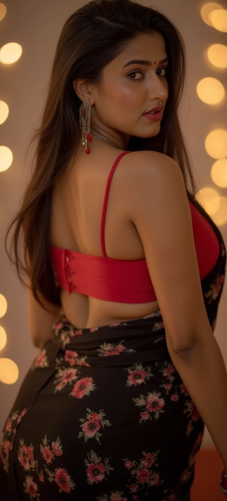 30 year old Indian women with large brown eyes, full red lips wearing dark purple chikenkari net saree,embroidery work,showing her perfect back to the camera in saree,saree is below her waist,