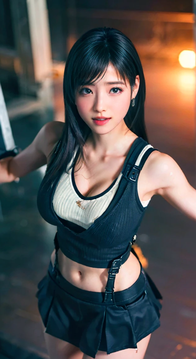 One girl, cyber punk,night, Cityscape,City lights,whole body,close,smile,, (8K, RAW Photos, Highest quality, masterpiece:1.2),(Realistic, photo-Realistic:1.37),