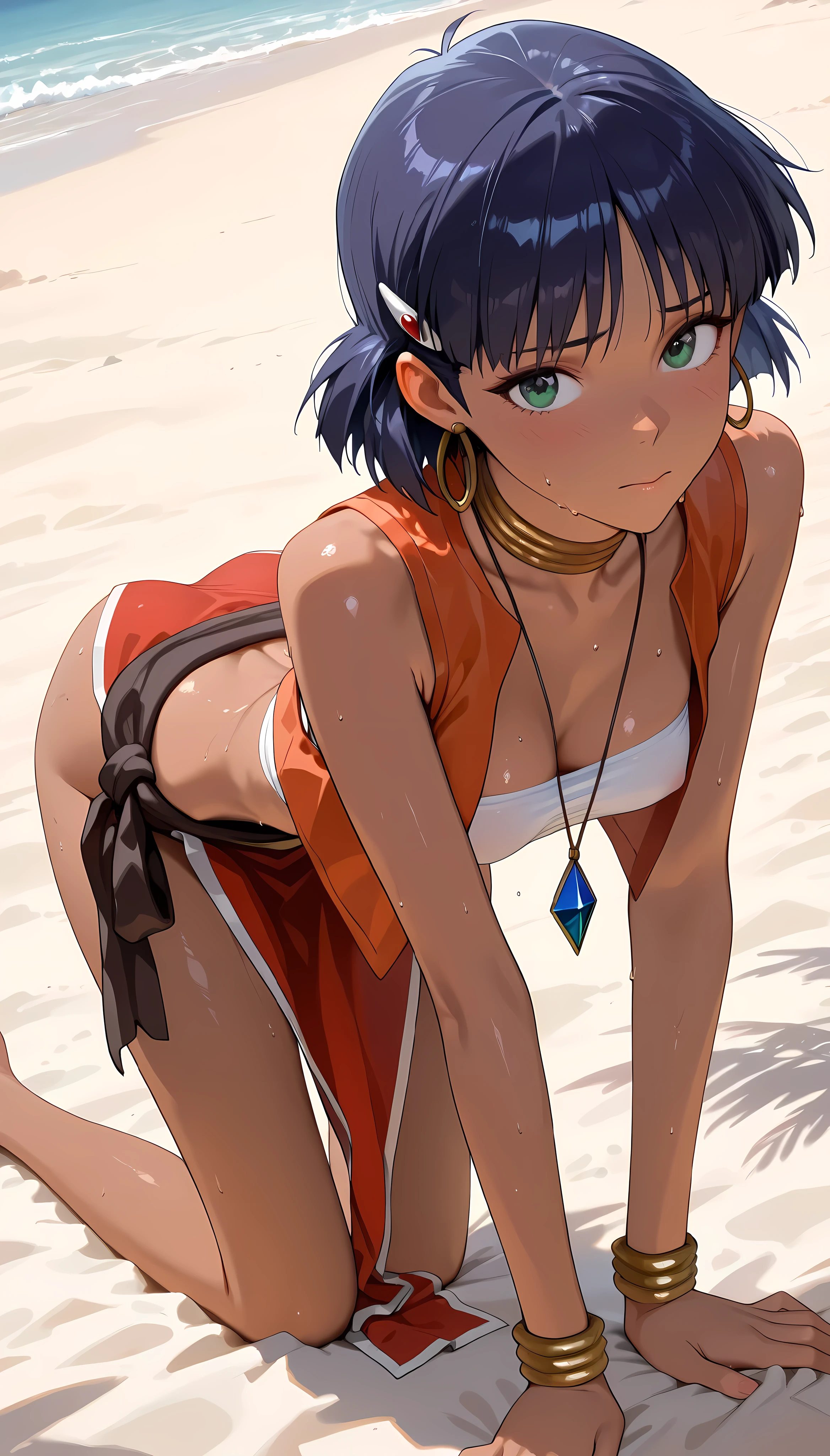 ten years young woam, tattoed arms, tattoed body, ringed tattoos, maori tattoos, short hair, brown hair, orange eyes, black skin, tropical body naked, orange underlights, large breasts, seaweed skirt, on a beach, sunset, 4k