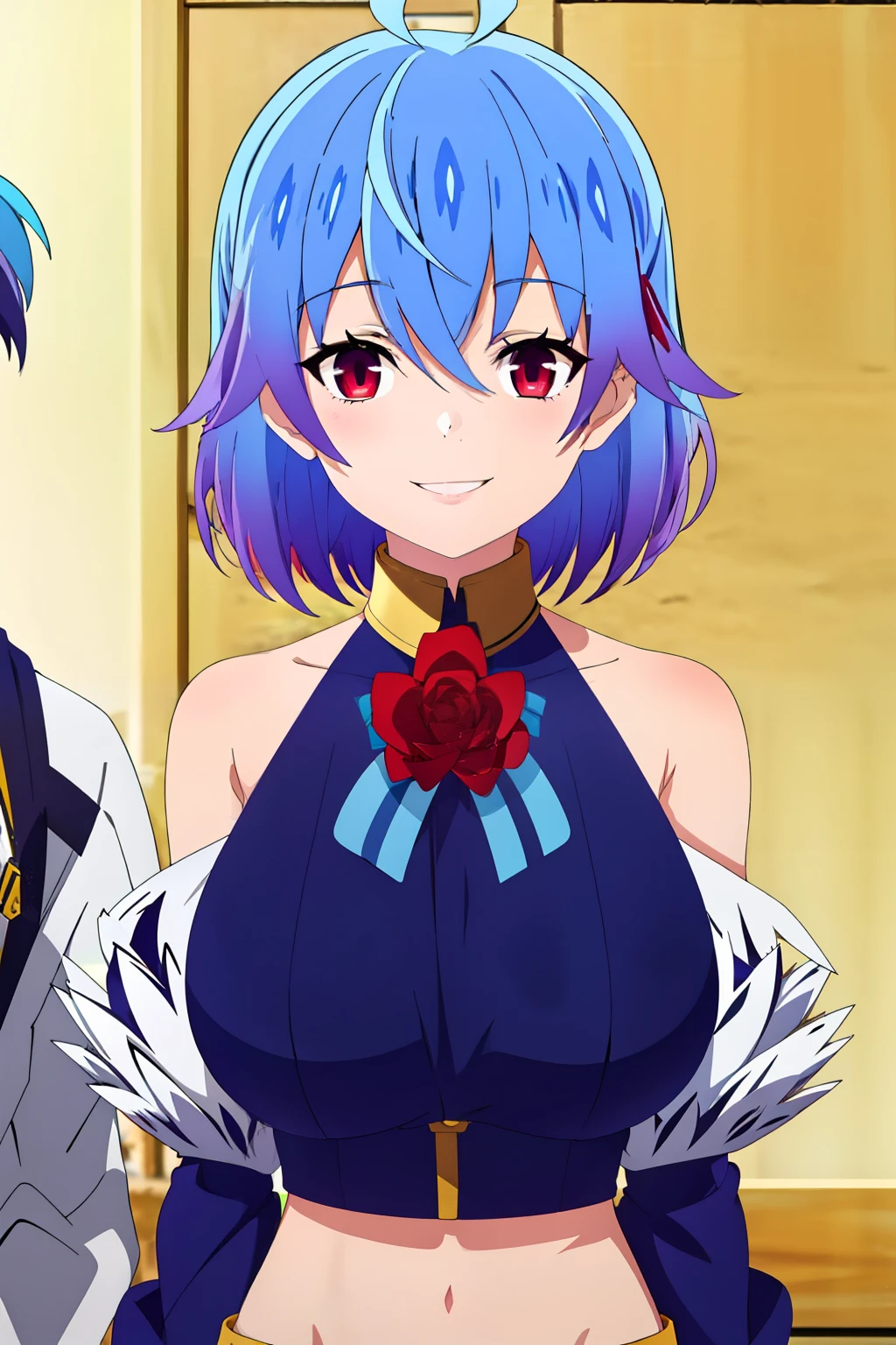 Ruthie , 1girl, One, blue hair , calm face, red eyes, smile, short hair, bare shoulders, colorful hair , smile, big breasts, middle hips , gradient hair , outdoor background, Looking at the viewer, hair between