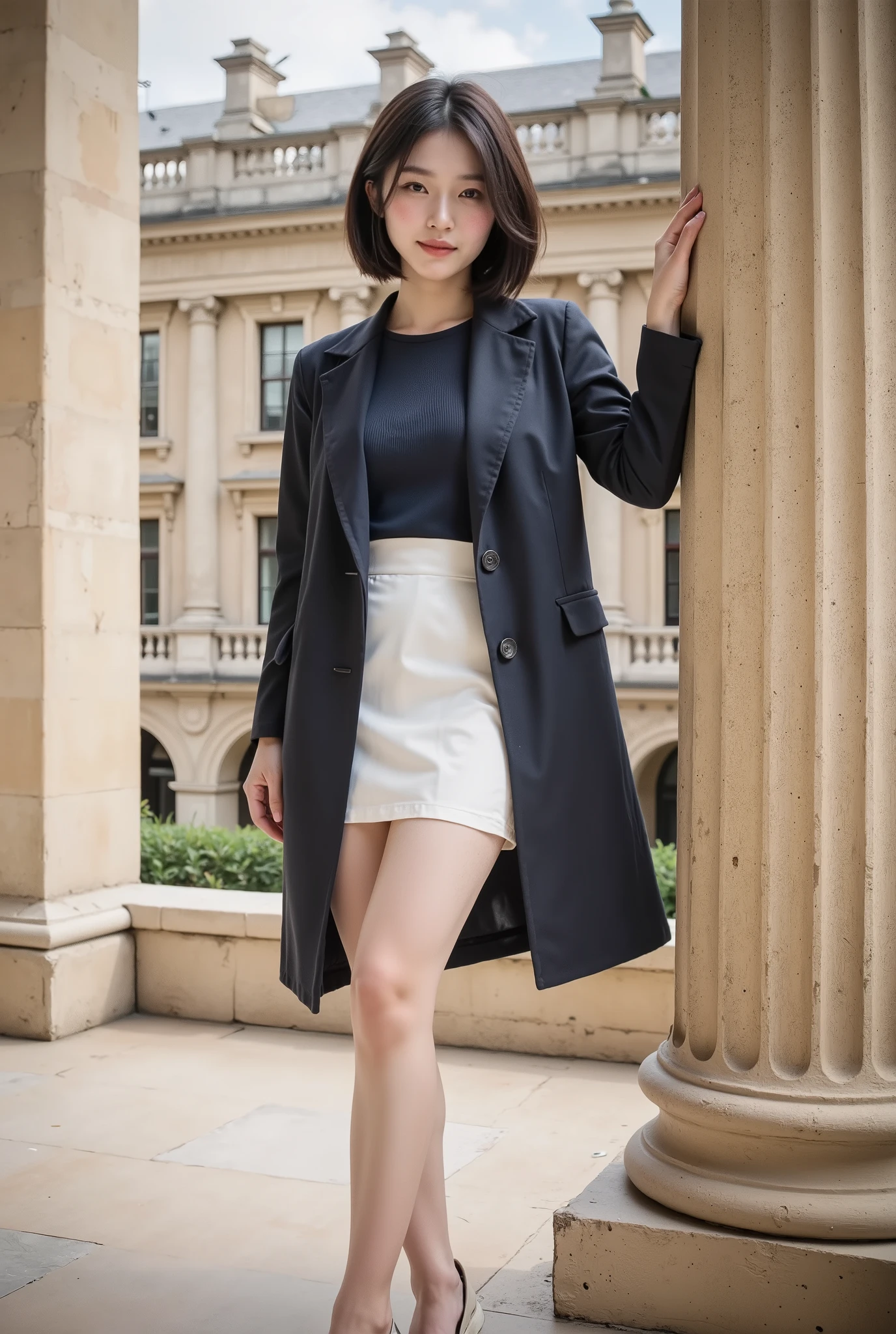 high resolution, (((masterpiece))), coal miner, female, very detailed, short hair, (((photorealistic))), a young Asian woman, around 26 years old, standing and hugging a Roman pillar. She is dressed in an elegant European travel outfit, consisting of a dark blue coat, a pearl white skirt, and white high-heel shoes. She has short hair and a warm, smiling expression while looking to the other side of the pillar, smile showing teeth, The scene is rich in texture and realism, capturing the intricate details of her outfit, facial features, and the classical Roman architecture
