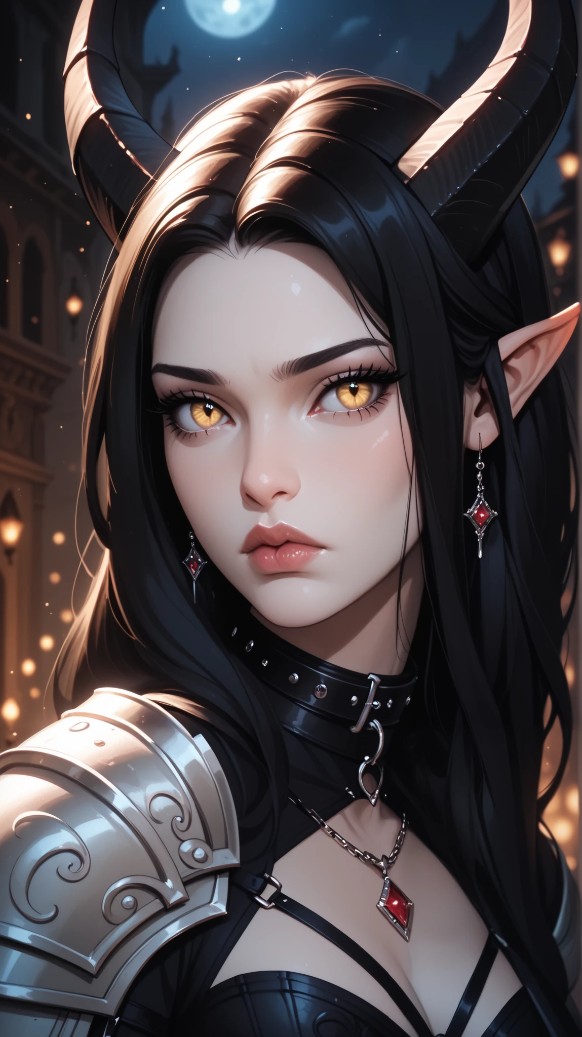 score_9, score_8_ upwards, score_7_ upwards, score_6_ upwards, score_5_ upwards, ((( beautiful , high quality))), sadness, looks towards , portrait, score_9, score_8_ upwards, score_7_ upwards, black sclera , slit p upwardsils, tiefling, yellow eyes, white skin, black hair, armor, dark background , blurred background, Gothic, posing, at night, sadness, realistic natural light , big , beautiful detailed lips , long lashes , good anatomy, seductive look, big thick black horns, black clothes, collar, dark fantasy, 8 k, photorealistic