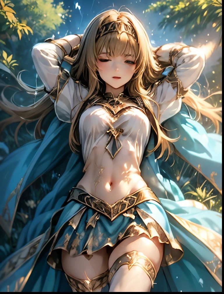 （（（ＳＦＷ、Accuracy、Highest quality、 A first-class masterpiece 、 Normal body 、32K、   detailed face 、 super precise、   Real Color 、5 fingers、Highest、3d）））Alisha、『Valkyrie Profile 2』、Golden Hair 、 long hair、 short、Big Breasts、 slender、 slim、Navel exposed、ribbon underwear、 high leg、Sheer Dress、 Navel Exposure 、Heart dirty print on the navel、Muscle Exposure、Half naked、 enchantment、Erect Nipples Sheer Ultra Thin Transparent Damaged Dress、Panties Exposed Damaged Super Miniskirt、Rapier、Fine Toe Tissures、 hit the sword vigorously forward、Punchra sliding pose、 embarrassed、 Sense of Speed 、fluid