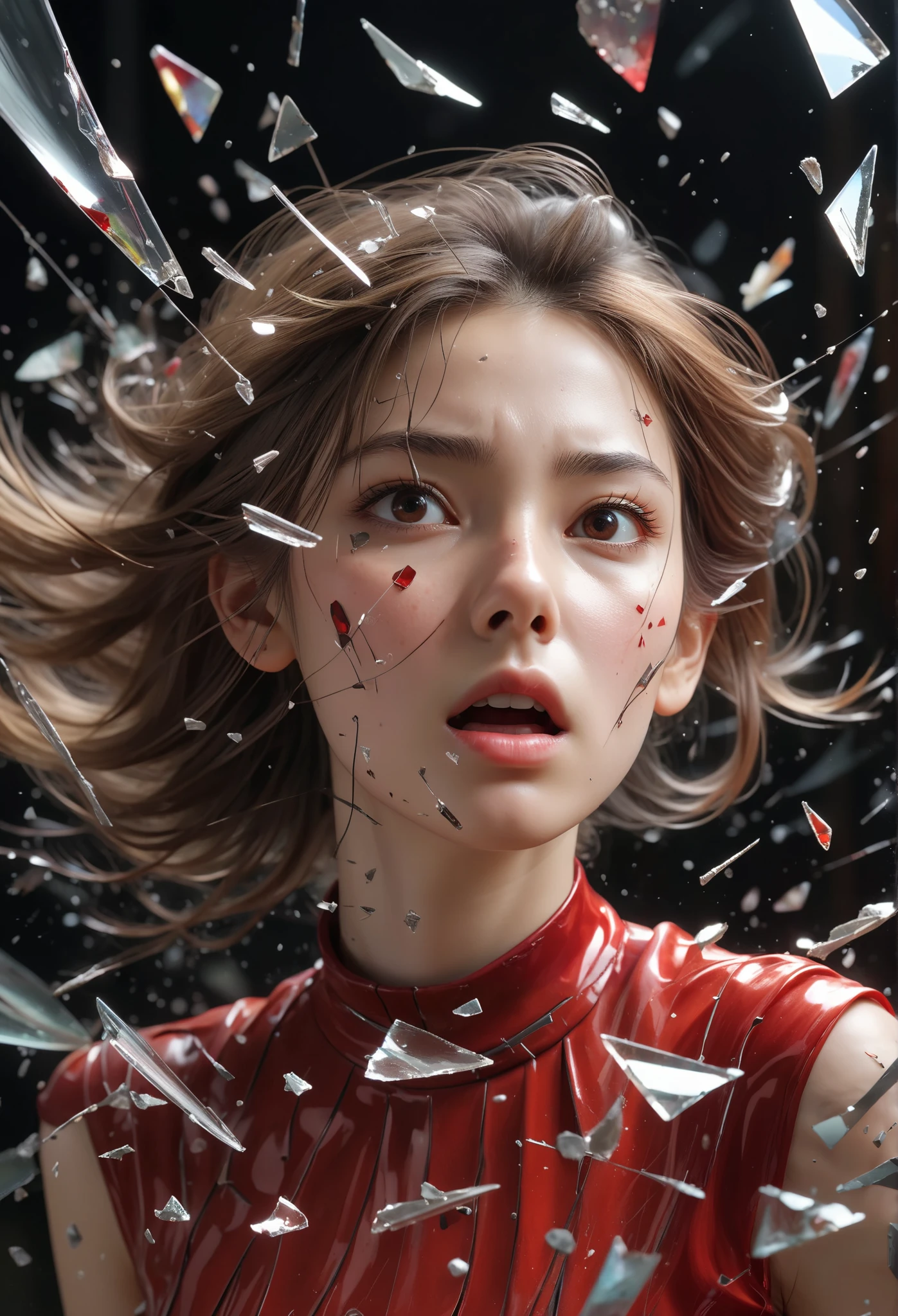 (best quality,Super fine,fidelity:1.37),beautiful girl,cold expression,Red viscous liquid oozes from facial scratches,close up。bullets flying in the air,broke the glass。Instant capture,penetrating glass shards,Detailed bullet trajectories,violent impact,Scattered shards of glass,Debris in mid-air,slow motion freeze,high speed capture,dynamic chaos,precise timing,Flying debris,suspended in the air,dancing fragments,stained glass shards,refracted light,Move fast,translucent shards,windows in fragments,
