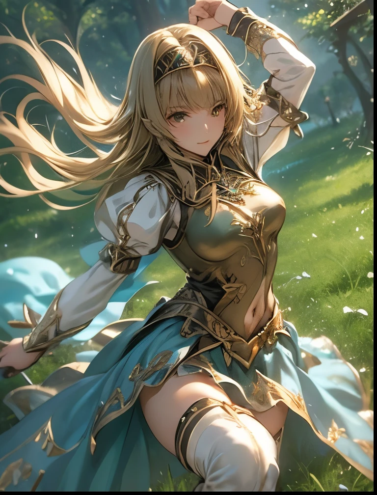 （（（ＳＦＷ、Accuracy、Highest quality、 A first-class masterpiece 、 Normal body 、32K、   detailed face 、 super precise、   Real Color 、5 fingers、Highest、3d）））Alisha、『Valkyrie Profile 2』、Golden Hair 、 long hair、 short、Big Breasts、 slender、 slim、Navel exposed、ribbon underwear、 high leg、Sheer Dress、 Navel Exposure 、Heart dirty print on the navel、Muscle Exposure、Half naked、 enchantment、Erect Nipples Sheer Ultra Thin Transparent Damaged Dress、Panties Exposed Damaged Super Miniskirt、Rapier、Fine Toe Tissures、 hit the sword vigorously forward、Punchra Sliding Kick Poses、 embarrassed、 Sense of Speed 、fluid