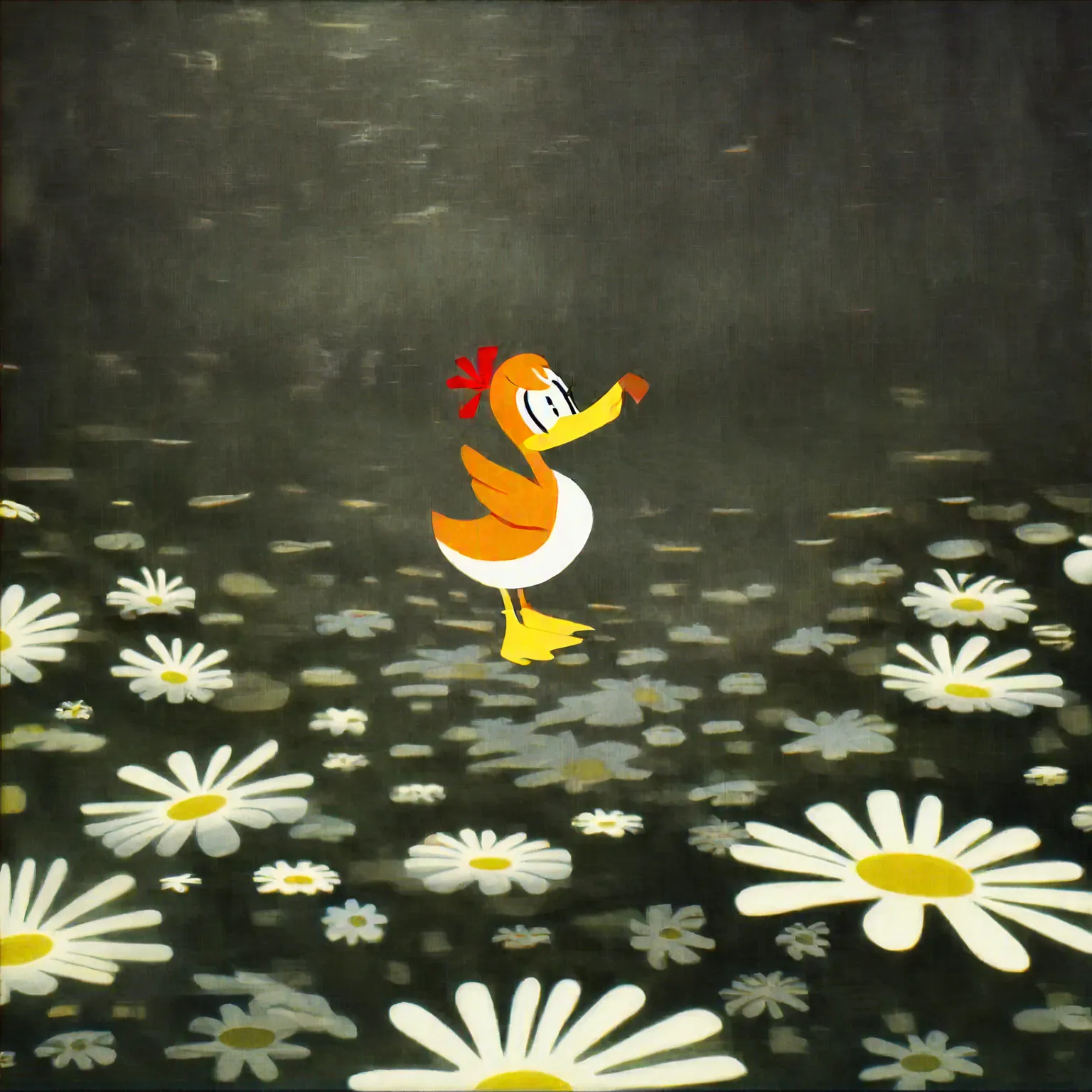 There is a duck that is standing in the water with daisies - SeaArt AI