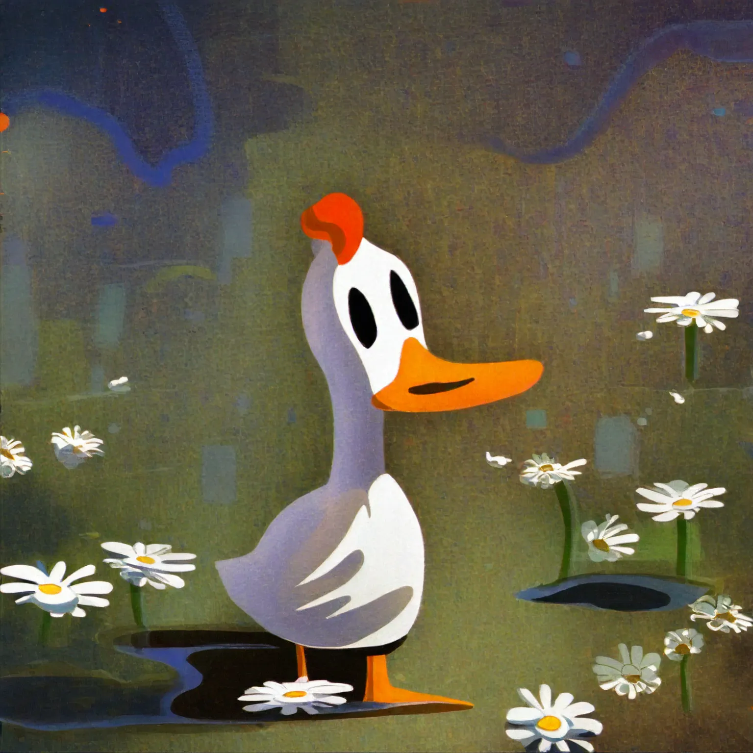 There is a duck that is standing in the grass with daisies - SeaArt AI