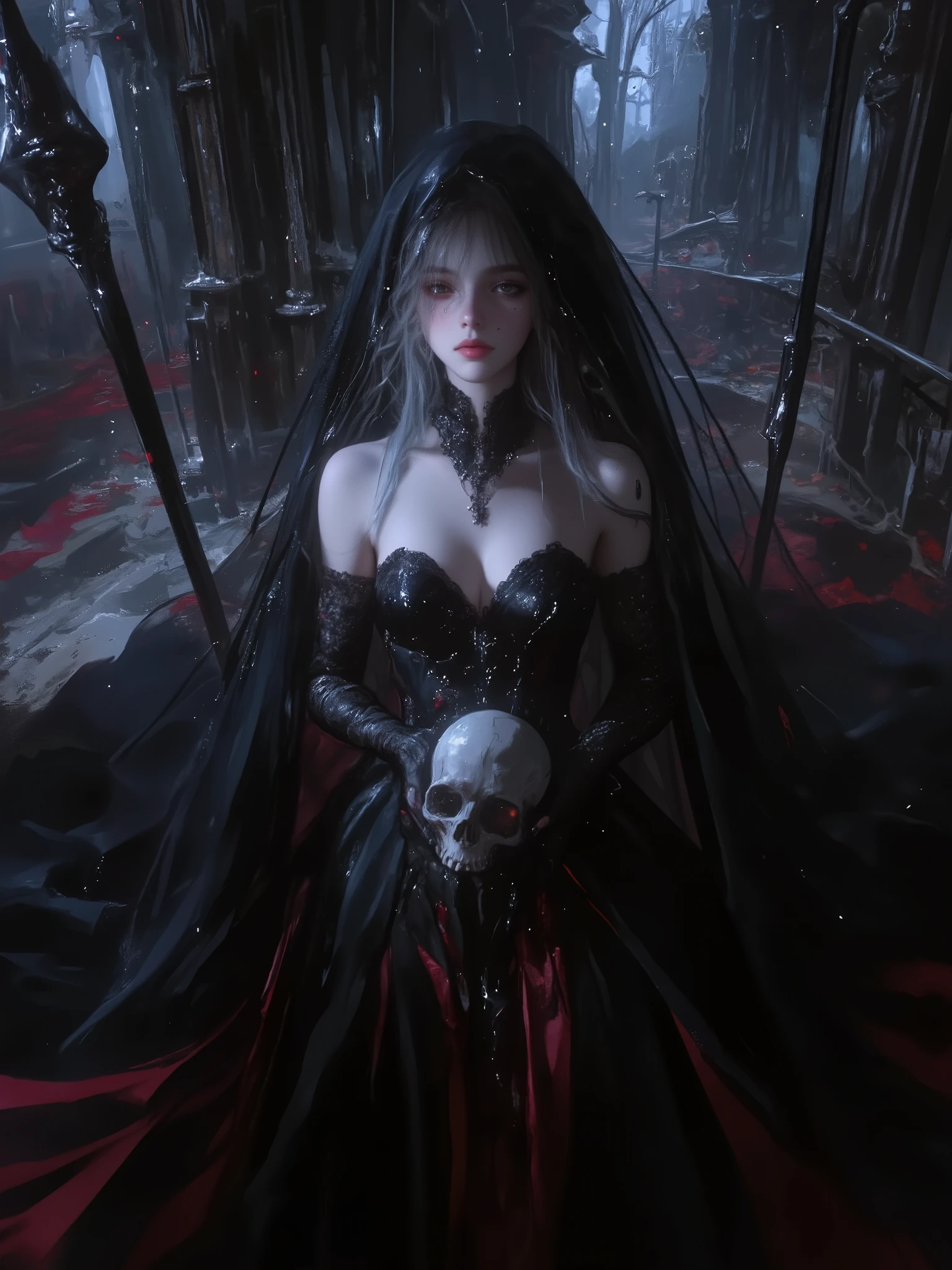 1girl,solo, A goddess holding a skull in her hands. The goddess wears a long black strapless dress with red details, black sleeves and lace gloves, a long black veil on her head. The goddess has ethereal and melancholic beauty, long black hair with white streaks, gray eyes, slightly pink cheeks and full, slightly pink lips. dark theme,
(artist:quasarcake:0.8),extreme aesthetic, dark aesthetic,(wlop:0.6),honjou honjou raita,lack,rella,wanke,raita,masterpiece,best quality,good quality,year 1700,1800,very aesthetic,absurdres,Visual impact,A shot with tension,ultra-high resolution,32K UHD,sharp focus,best-quality,masterpiece,Emotionalization,unconventional supreme masterpiece,masterful details,temperate atmosphere,with a high-end texture,in the style of fashion photography fantasy style (Visual impact:1.2),giving the poster a dynamic and visually striking appearance,impactful picture,
offcial art,colorful,movie perspective,masterpiece,best quality,amazing quality,very aesthetic, japanese aesthetic, absurdres,best quality,newest,dynamic_angle,cinematic_angle,dutch angle,foreshortening