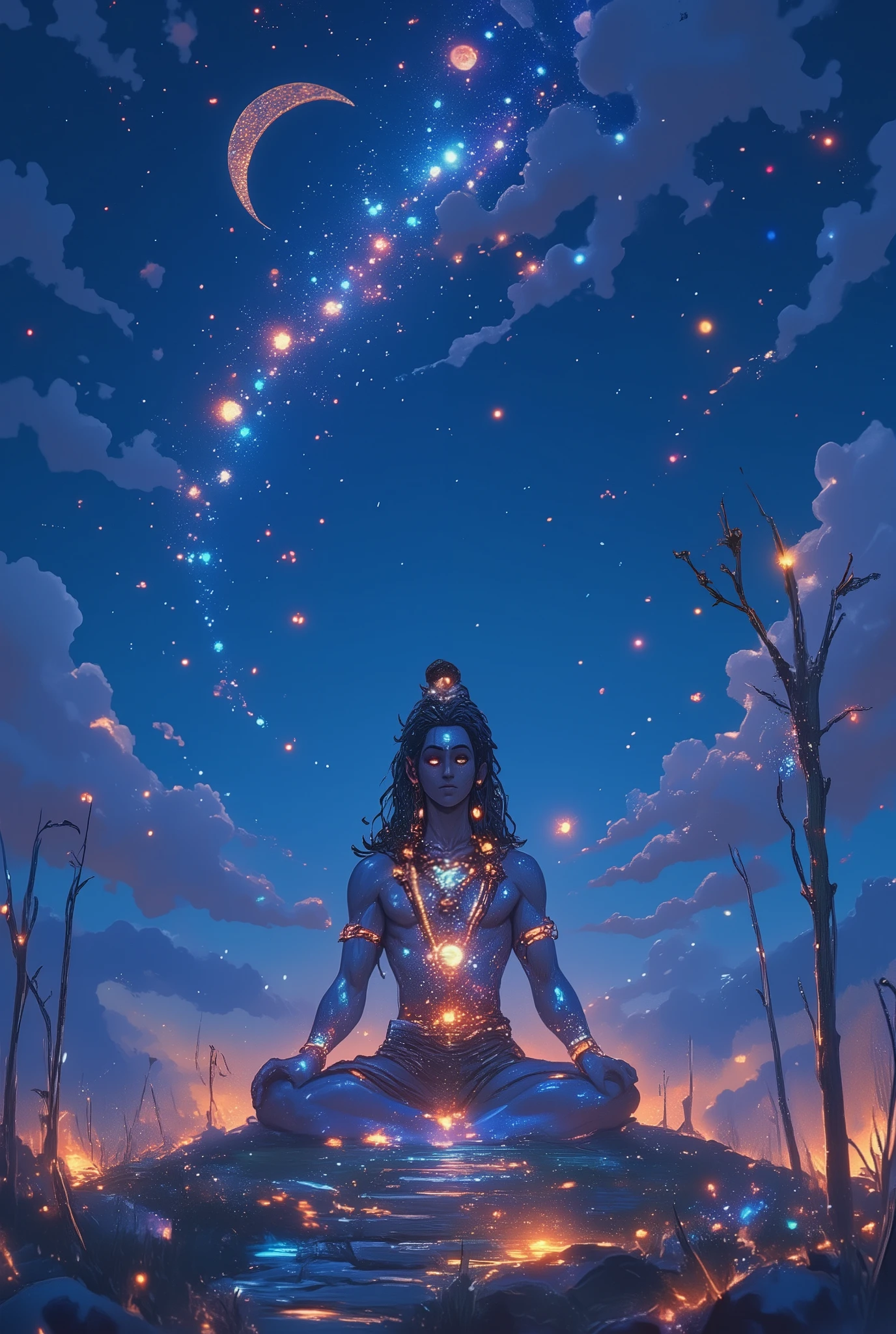 Create an image of Lord Shiva sitting in a meditative pose, the background should be very beautiful, it should be a night view