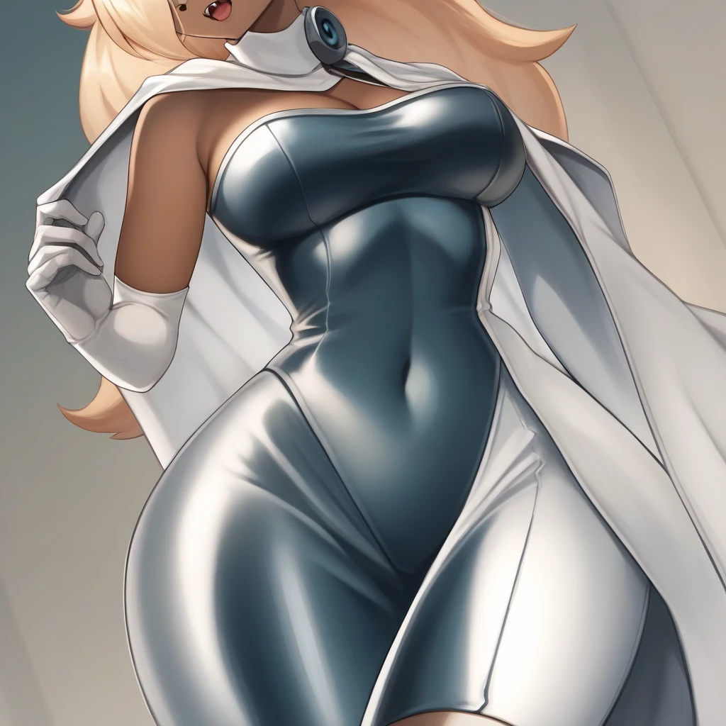 masterpiece, pretty girl, thick, thigh thighs, big breasts, wide hips, thin waist, black leotard, long sleeve leotard, exposed legs, long black hair, smiling, legs open exposing pelvis, seductive smile, blush, thick legs, large sagging big breasts, fat breasts, thigh high, thigh high leggings, stockings, thick thighs, thighs squeezing out of stockings, black latex leotard, long straight blonde hair, blue eyes, ?????, sexy bimbo