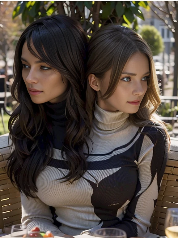 Professional photograph, best quality, 8K, hyper detailed, half body, A close up portrait of two gorgeous, beautiful, wonderful women, argentinian and russian females together posing for the camera, both women have super long hair, argentinian girl has brown hair and russian girl has dark blonde hair, the both of them are wearing winter clothing, both girls are wearing leather jackets. Both women are wonderful, dream, ethereal, timeless, majestic beauties from Argentina and Russia, they're glad, smiling and enjoying taking a picture at cafe..