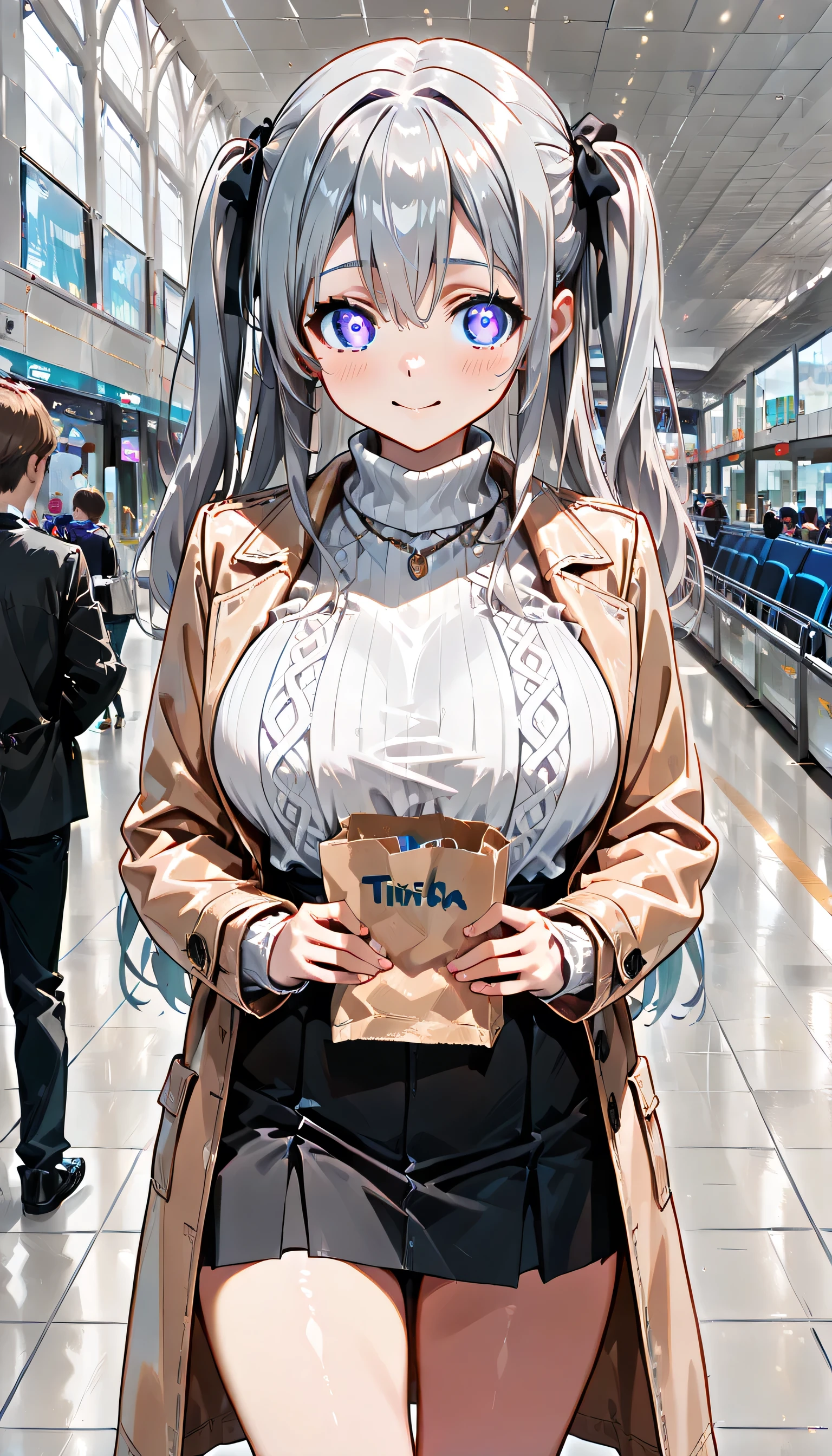 ((ultra-detailed)), (highly detailed CG illustration), (best quality:1.2), ultra-highly detailed, colorful composition, artistic photoshoot, ((1 girl)), ((solo focus)), ((thigh to top:1.4)), ((cowboy shot:1.4)), moe anime character, girl, dainty facial structure, (bab(round face), ((rounded chin:1.2)), ((ideal ratio body proportions)), celia-default, celia claire, (blue eyes), sparkle eyes, ((silver hair color)), ((two side up)), ample breast, ((camel coat)), pale white turtleneck sweater, light blue high-waist long skirt, ((shy)), ((smile)), ((blush)), ((Lovely)),((Standing in the airport lobby:1.4)), ((trying to give a stylish paper bag containing souvenirs:1.4)), travelers are walking around the lobby, looking at viewer, from front, best quality, masterpiece, expecting, pink cheek, blush, light pink gloss slip, portrait, depth of field, poured sunlight, sidelighting, (shine), lighting, caustics, ray tracing, perfect face, lustrous skin, highly detailed face, highly detailed eyes, perfect face, perfect nose, perfect hair, perfect eyes, perfect anatomy, beautiful hair, beautiful small face, extremely detailed face, beautiful detailed eyes, beautiful clavicle, beautiful body, beautiful huge breasts, leavage, breasts squeezed together, equalize the size of the left and right breasts, beautiful thin thighs, beautiful legs, beautiful fingers, 4 fingers, 1 thumb, lovely, (very detailed background:1.0), (highly detailed background:1.0), intricate details, joyful atmosphere, colorful and sparkling colors palette, chromatic aberration