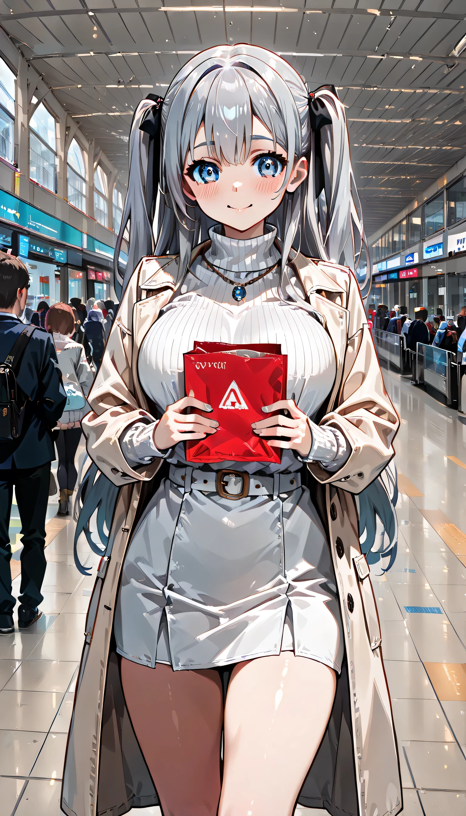 ((ultra-detailed)), (highly detailed CG illustration), (best quality:1.2), ultra-highly detailed, colorful composition, artistic photoshoot, ((1 girl)), ((solo focus)), ((thigh to top:1.4)), ((cowboy shot:1.4)), moe anime character,  girl, dainty facial structure, (bab(round face), ((rounded chin:1.2)), ((ideal ratio body proportions)), celia-default, celia claire, (blue eyes), sparkle eyes, ((silver hair color)), ((two side up)), ample breast, ((camel coat)), pale white turtleneck sweater, light blue high-waist long skirt, ((shy:1.4)), ((smile:1.2)), ((blush:1.4)), ((Lovely:1.4)), ((Standing in the airport lobby:1.4)), ((trying to give a stylish paper bag containing souvenirs:1.4)), travelers are walking around the lobby, dynamic pose, looking at viewer, from front, best quality, masterpiece, expecting, pink cheek, blush, light pink gloss slip, portrait, depth of field, poured sunlight, sidelighting, (shine), lighting, caustics, ray tracing, perfect face, lustrous skin, highly detailed face, highly detailed eyes, perfect face, perfect nose, perfect hair, perfect eyes, perfect anatomy, beautiful hair, beautiful small face, extremely detailed face, beautiful detailed eyes, beautiful clavicle, beautiful body, beautiful huge breasts, leavage, breasts squeezed together, equalize the size of the left and right breasts, beautiful thin thighs,  beautiful legs, beautiful fingers, 4 fingers, 1 thumb, lovely, (very detailed background:1.0), (highly detailed background:1.0), intricate details, joyful  atmosphere, colorful and sparkling colors palette, chromatic aberration