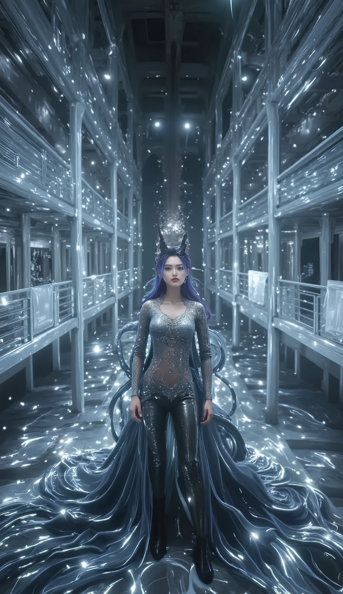 yaoye, 1 Girl , Ancient China , metallic luster, blue, black,Dragon Girl,Lace,Leather pants, alone,lightmagic,Dragon Horn