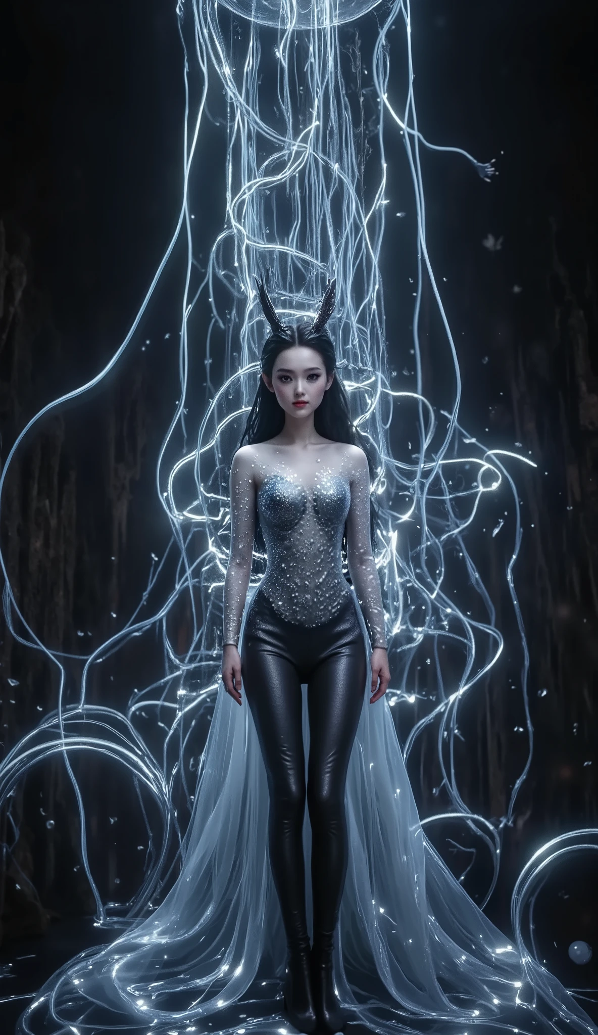 yaoye, 1 Girl , ancient China, metallic luster, blue, black,Dragon Girl,Lace,Leather pants, alone,lightmagic,Dragon Horn