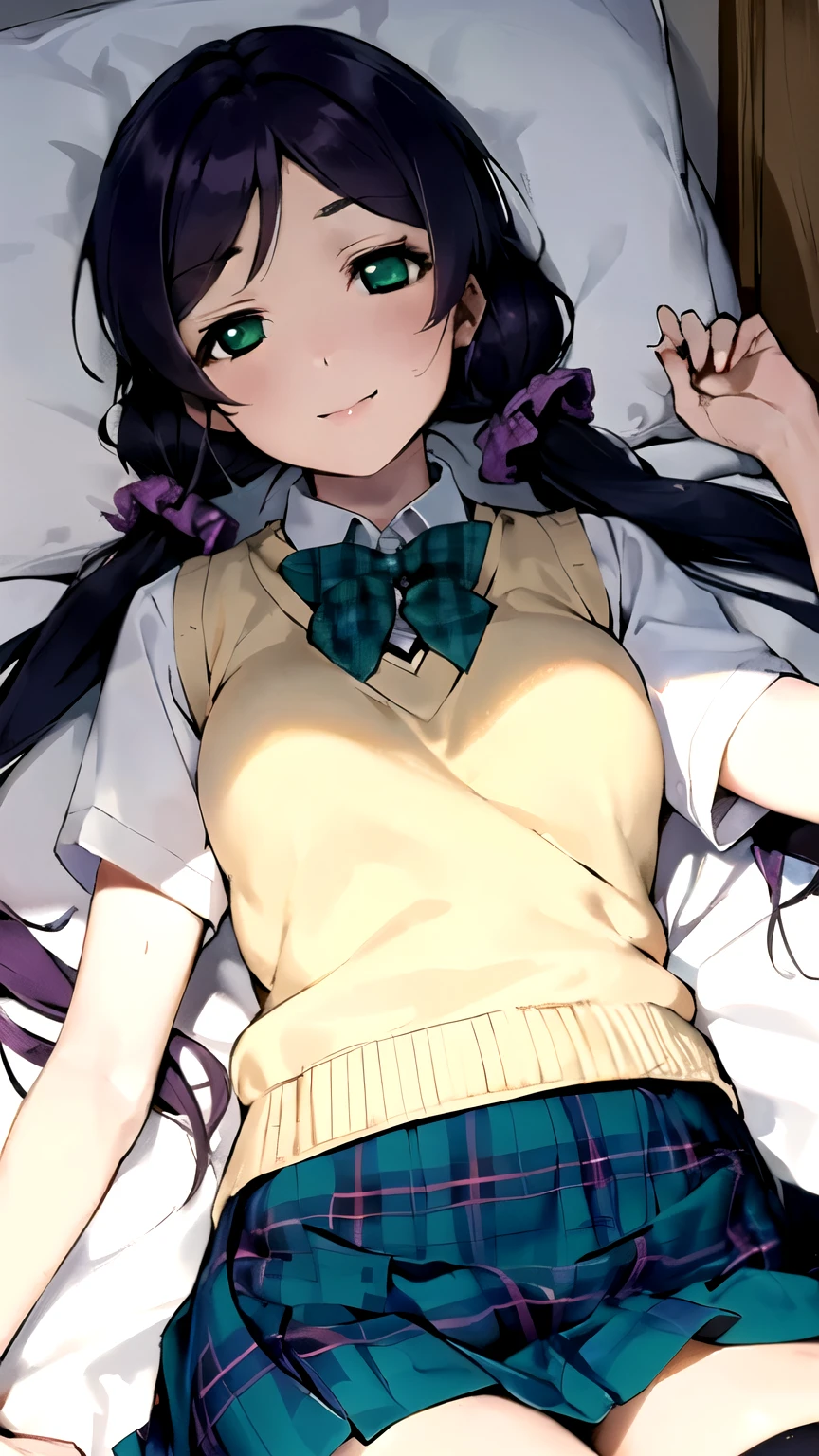(masterpiece,best quality)), {Date_artstyle_lora } {horror_edit : } {semi_monochrome} { (nozomi toujou, (green eyes:1.3), purple hair, twintails, low twintails, scrunchie, long hair, , perfectly_shape_breast : : } { skirt, bow, school uniform, plaid, kneehighs, plaid skirt, sweater vest, summer uniform, otonokizaka school uniform, } { : } {lying_in_bed } { { half_open_eyes : possession : evil : devious_smile : sinister }} { } { } : dark bedroom : }