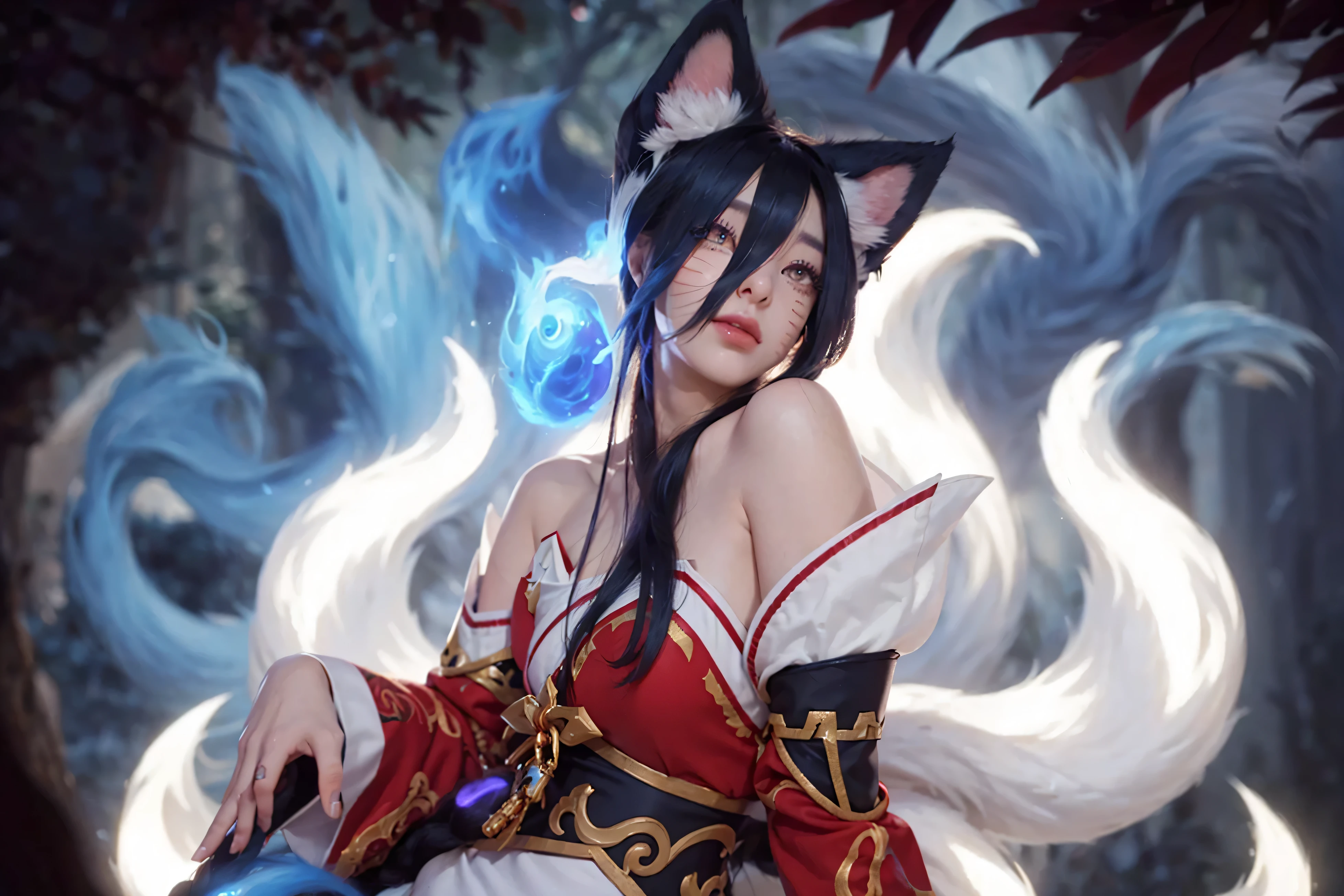 BREAK kyuubi no kitsune\(youkai\)：1.5,((9 fox tails))1.7,beautiful white fox ear woman in distance,kimono,