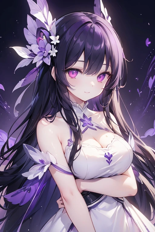 masterpiece, high quality, (((shinobu kochou))), black hair, with purple tips, butterfly headdress on her head, wearing a white bodice with butterflies, a white thong with butterflies, an open kimono with wings design butterfly