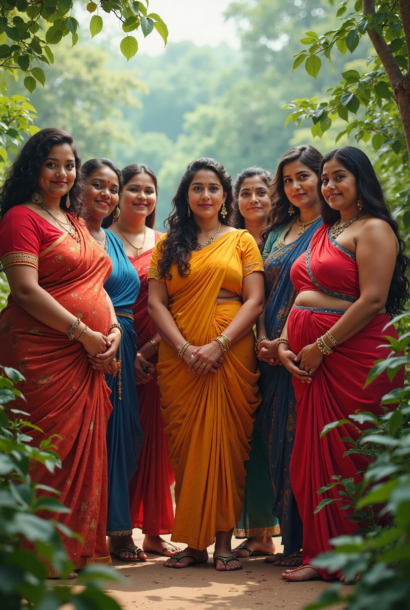 A girl wearing red sari.and a girl is pregnant wearing a maternity dress.and a girl looking at them with shocking expression