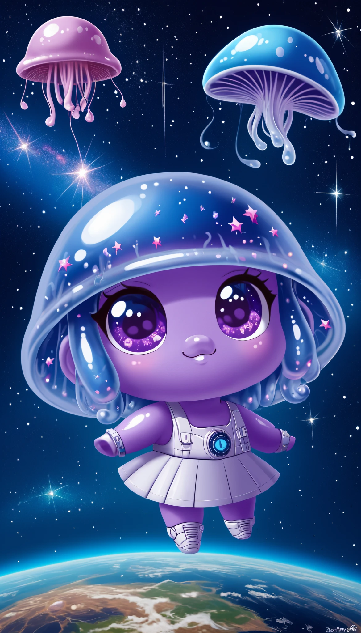 High Definition Space Images、galaxy, rocket, Jellyfish Alien, Shooting Stars, Cute Art.  chibi,   Digital Art . Comfortable silence, {{more}} of the space shuttle 。colorful outer space。